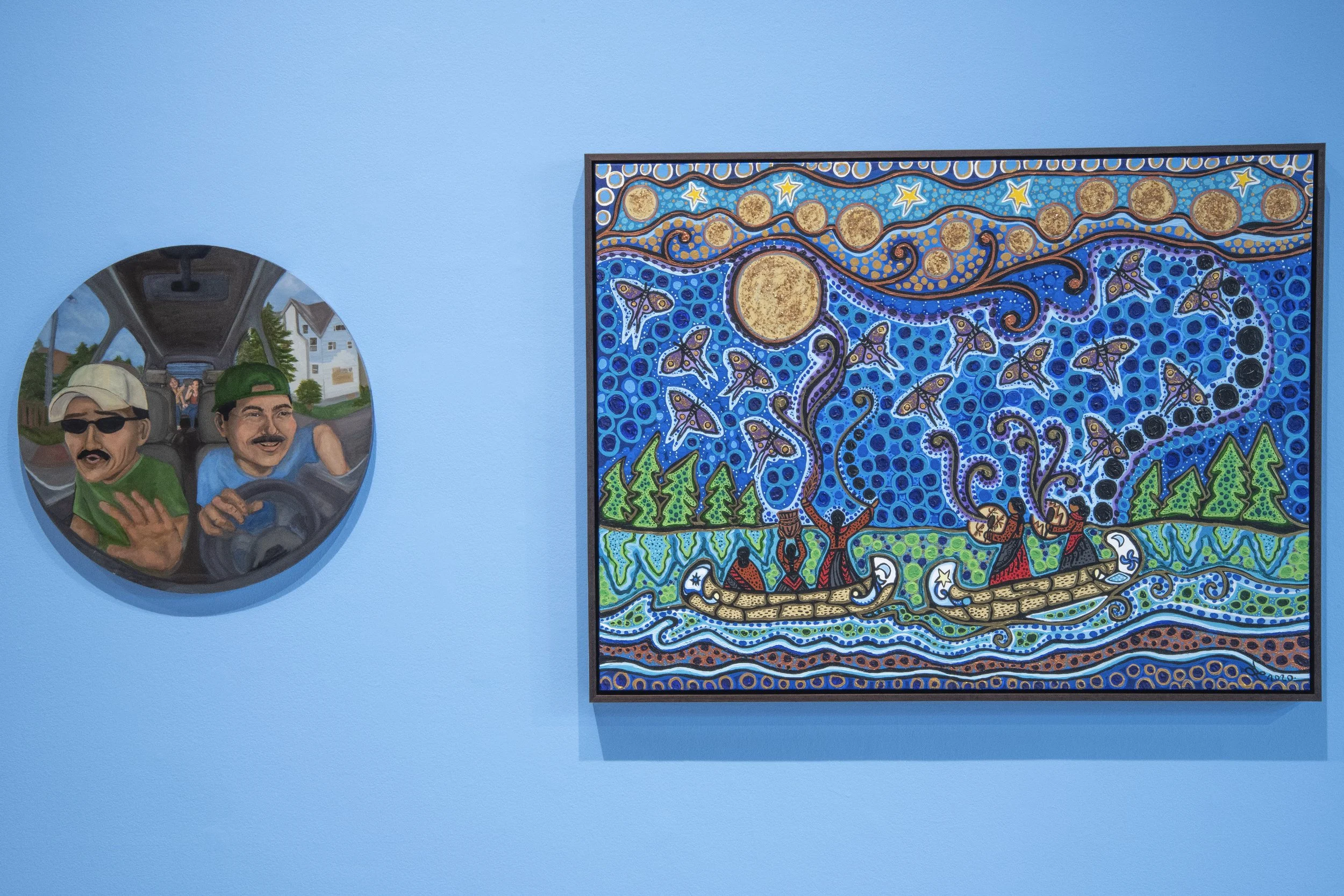  Holly Aubichon,  Sundays , 2024, oil painting on birch circular panel. Collection of RPL Permanent Collection. (Left.)  Leah Dorion,  Moon Song , 2020, acrylic, mica flakes, on canvas. Collection of SK Arts Permanent Collection. (Right.) 