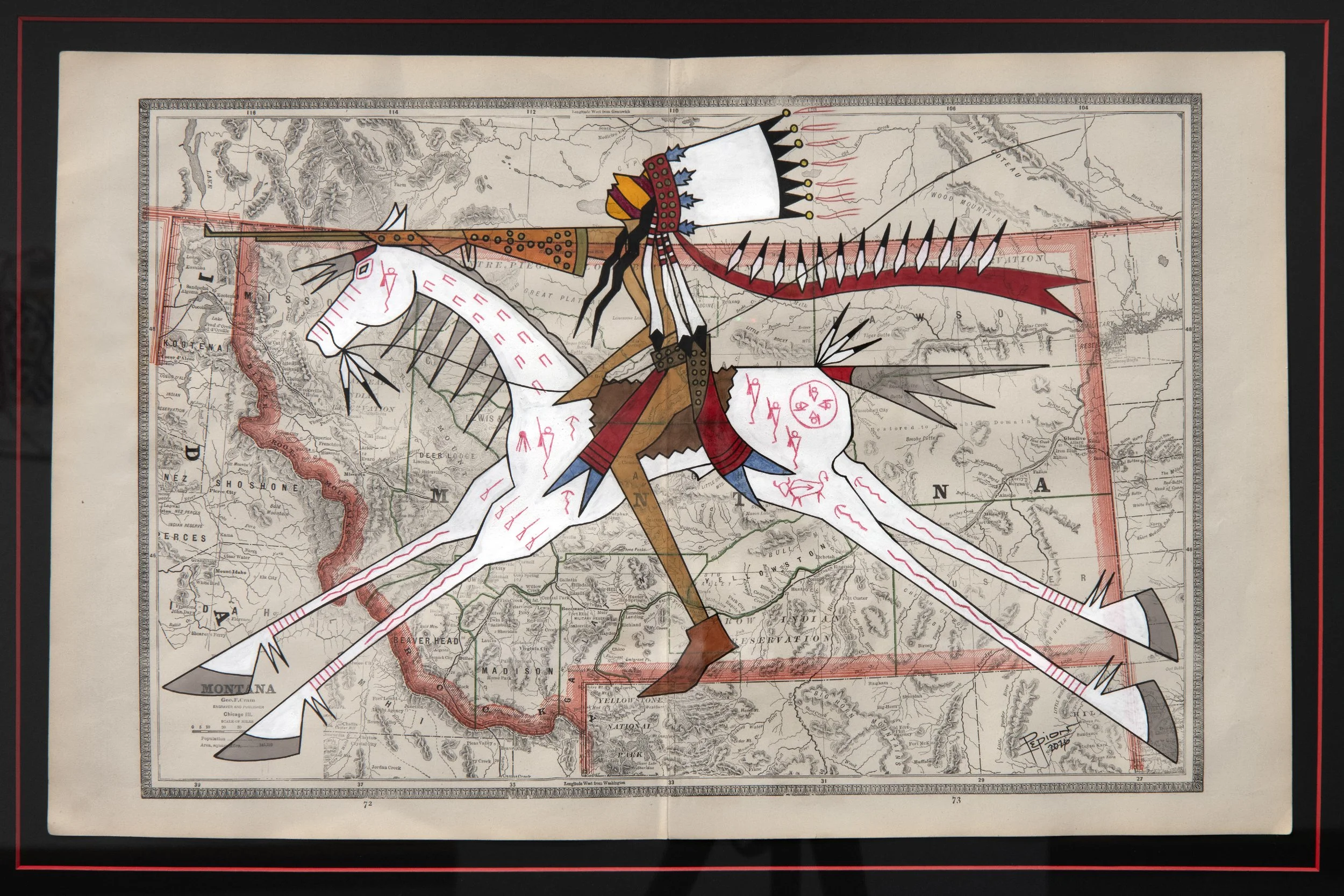  John Isaiah Pepion,  Coup Stories , 2026, ink, colour pencil, and acrylic on antique Montana map. 