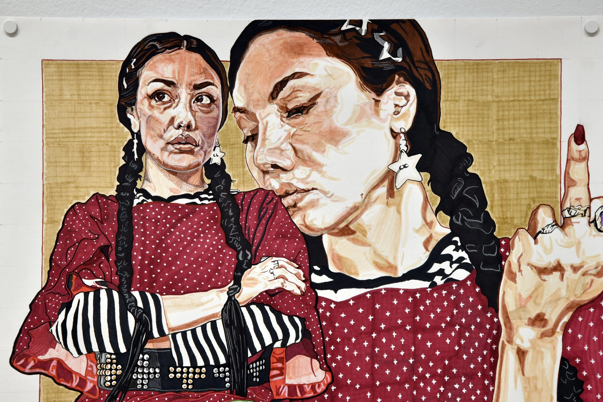  Bryce Manyfingers/Singer,  Steadfast  (detail), 2026, mixed media paper, ink, acrylic markers, pencil crayons. 