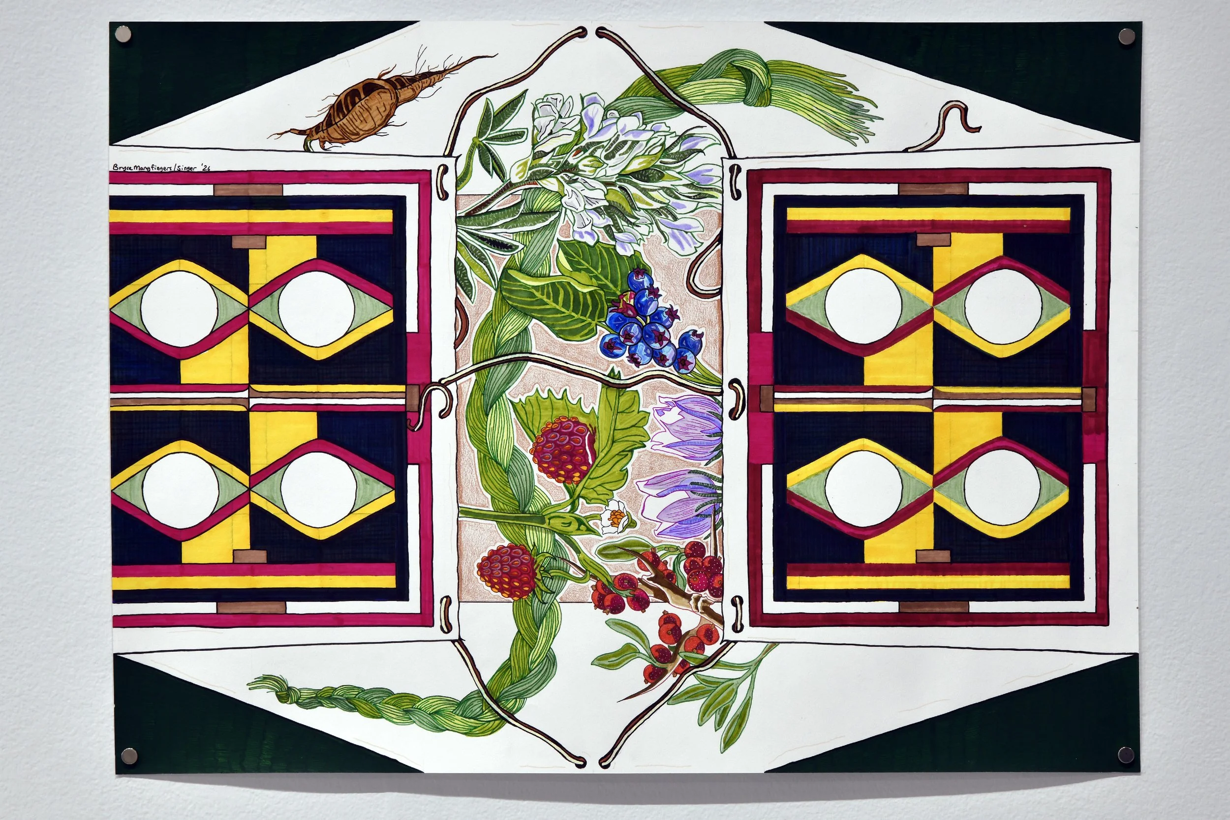  Bryce Manyfingers/Singer,  blanket me , 2026, mixed media paper, ink, acrylic markers, pencil crayons. 