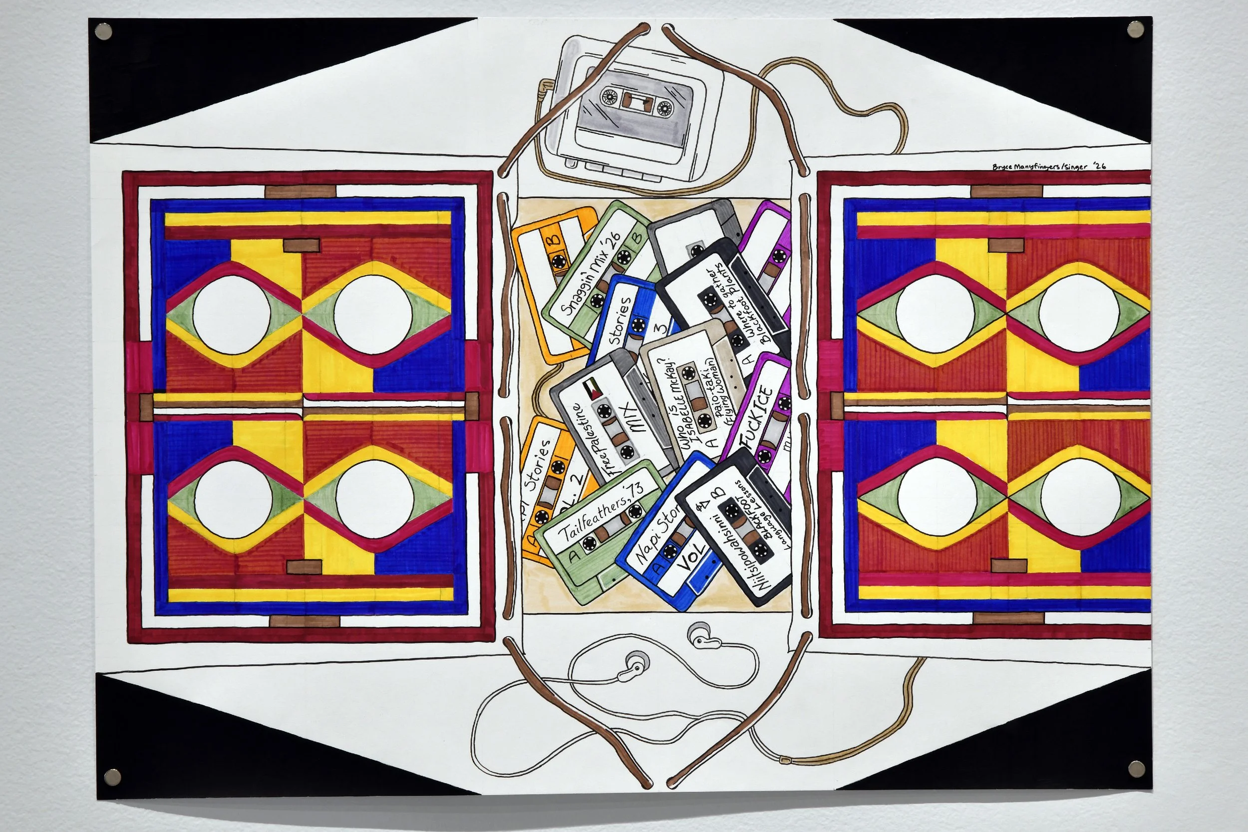  Bryce Manyfingers/Singer,  parfleche , 2026, mixed media paper, ink, acrylic markers, pencil crayons. 