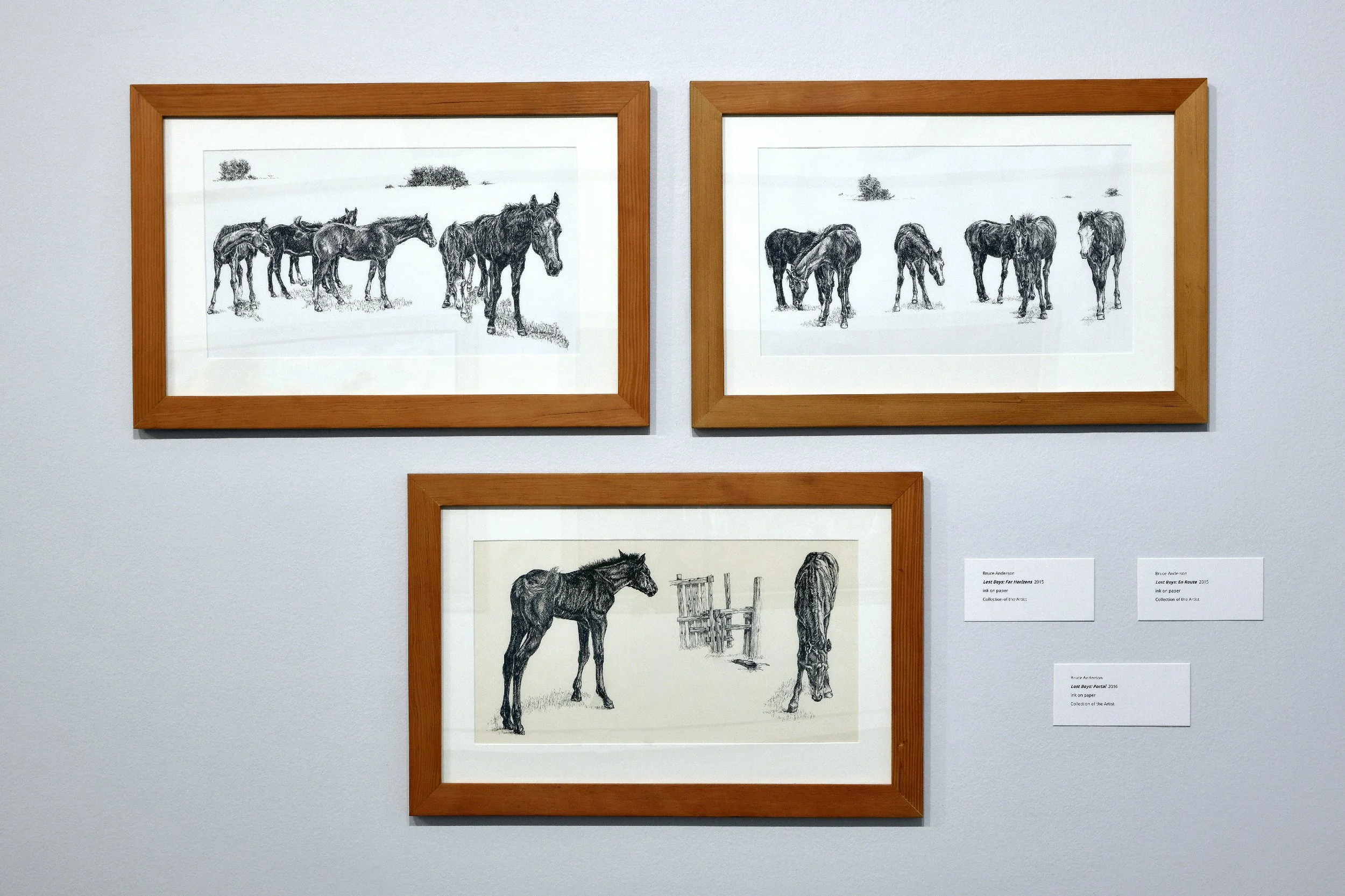   Lost Boys: Far Horizons , 2015, ink on paper (top left).   Lost Boys: En Route,  2015, ink on paper (top right).   Lost Boys: Portal,  2016, ink on paper (bottom). 