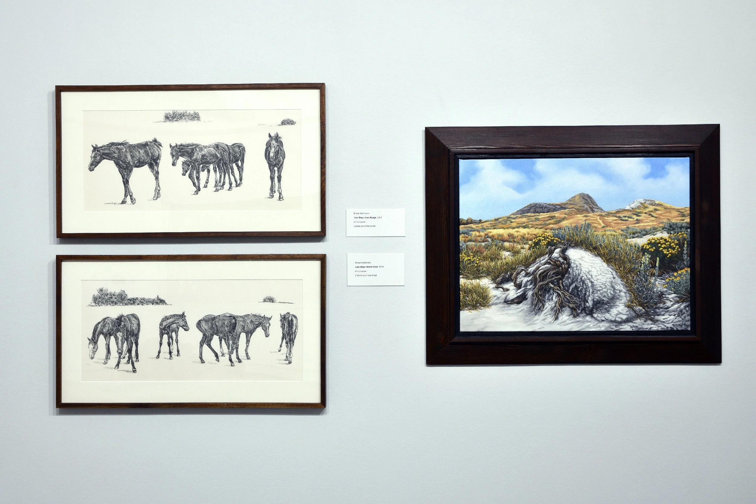  Lost Boys: Iron Range , 2014, ink on paper (top left).   Lost Boys: North Fork , 2014, ink on paper (bottom left).   Shangri-La , 2026, oil on canvas (right). 