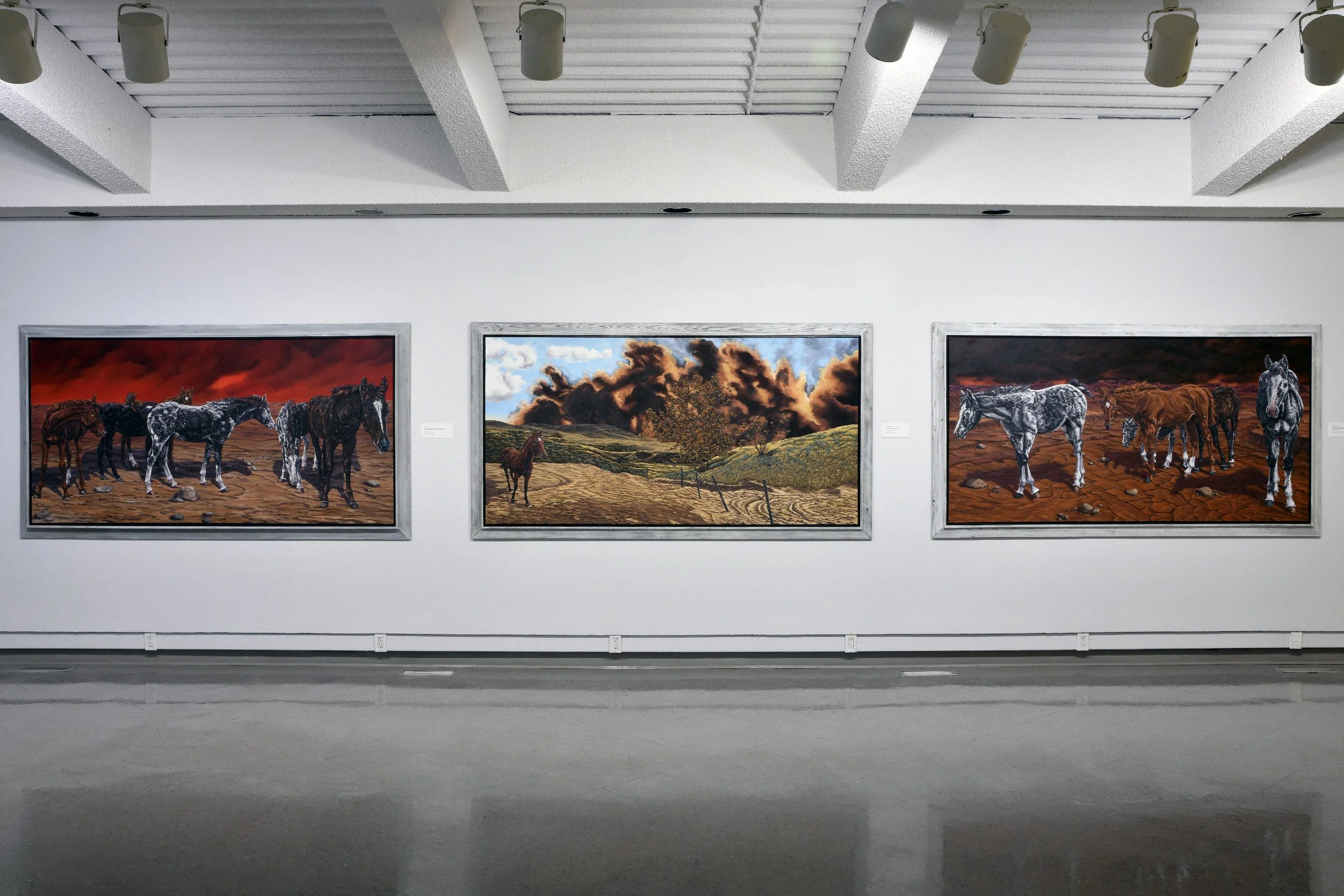   Lost Boys: Pebbles From The True Shore , 2018, oil on canvas (left).   Lost Boys: Amphitheatre , 2023, oil on canvas (centre).   Lost Boys: Stupor Mundi , 2019, oil on canvas (right). 