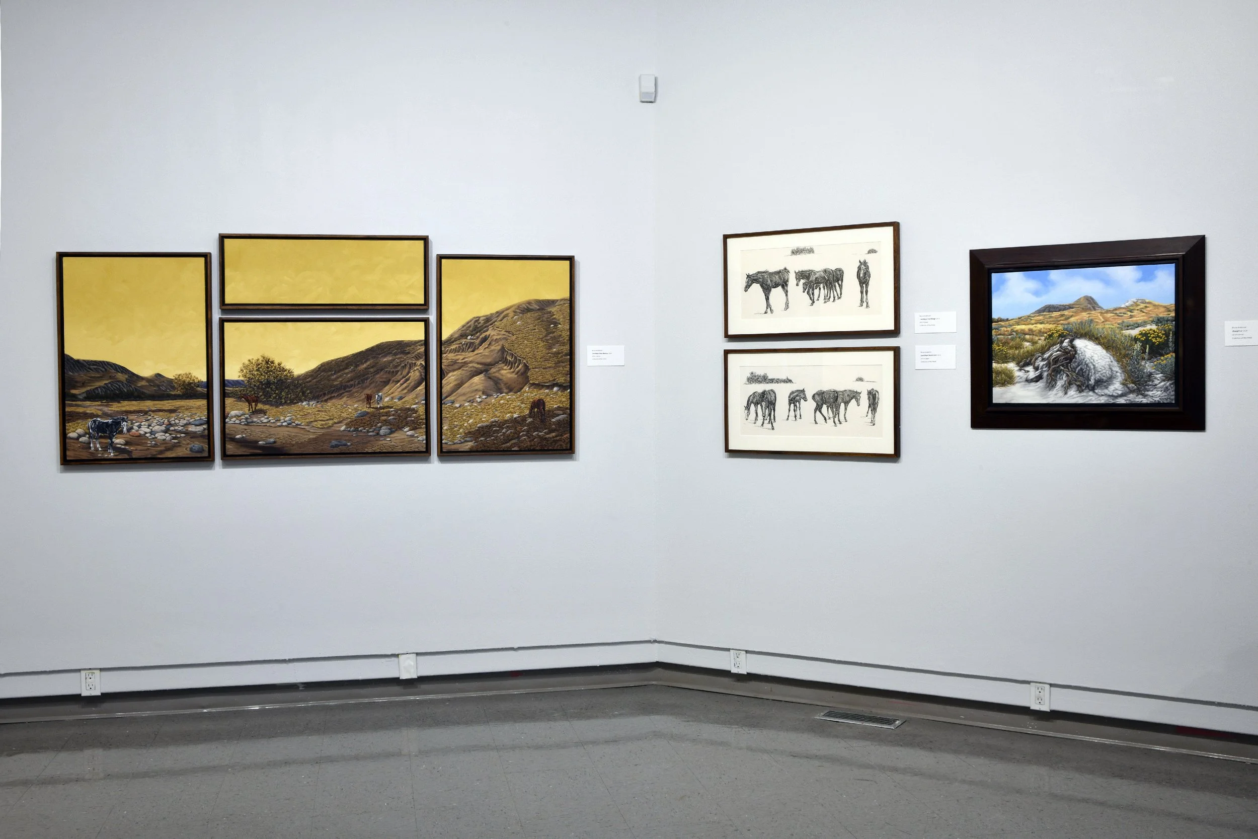   Lost Boys: Rock Bottom,  2024, oil on canvas (left).   Lost Boys: Iron Range , 2014, ink on paper (top centre).   Lost Boys: North Fork , 2014, ink on paper (bottom centre).   Shangri-La , 2026, oil on canvas (right). 