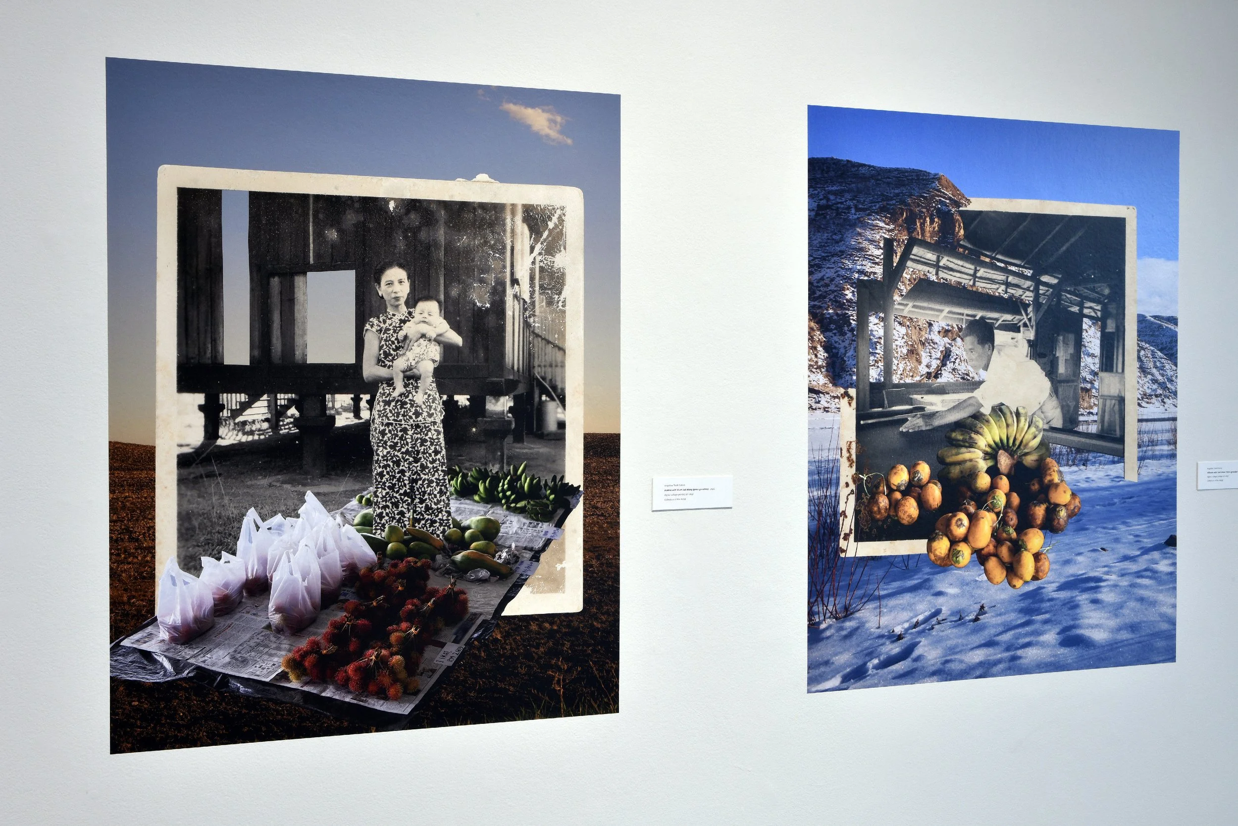  Angeline Teoh Simon,  market with Kueh Sok Hiang (great-grandma) , 2026, digital collage printed on vinyl (left).  Angeline Teoh Simon,  billiards with Teoh Khoon Yeam (grandpa) , 2026, digital collage printed on vinyl (right). 