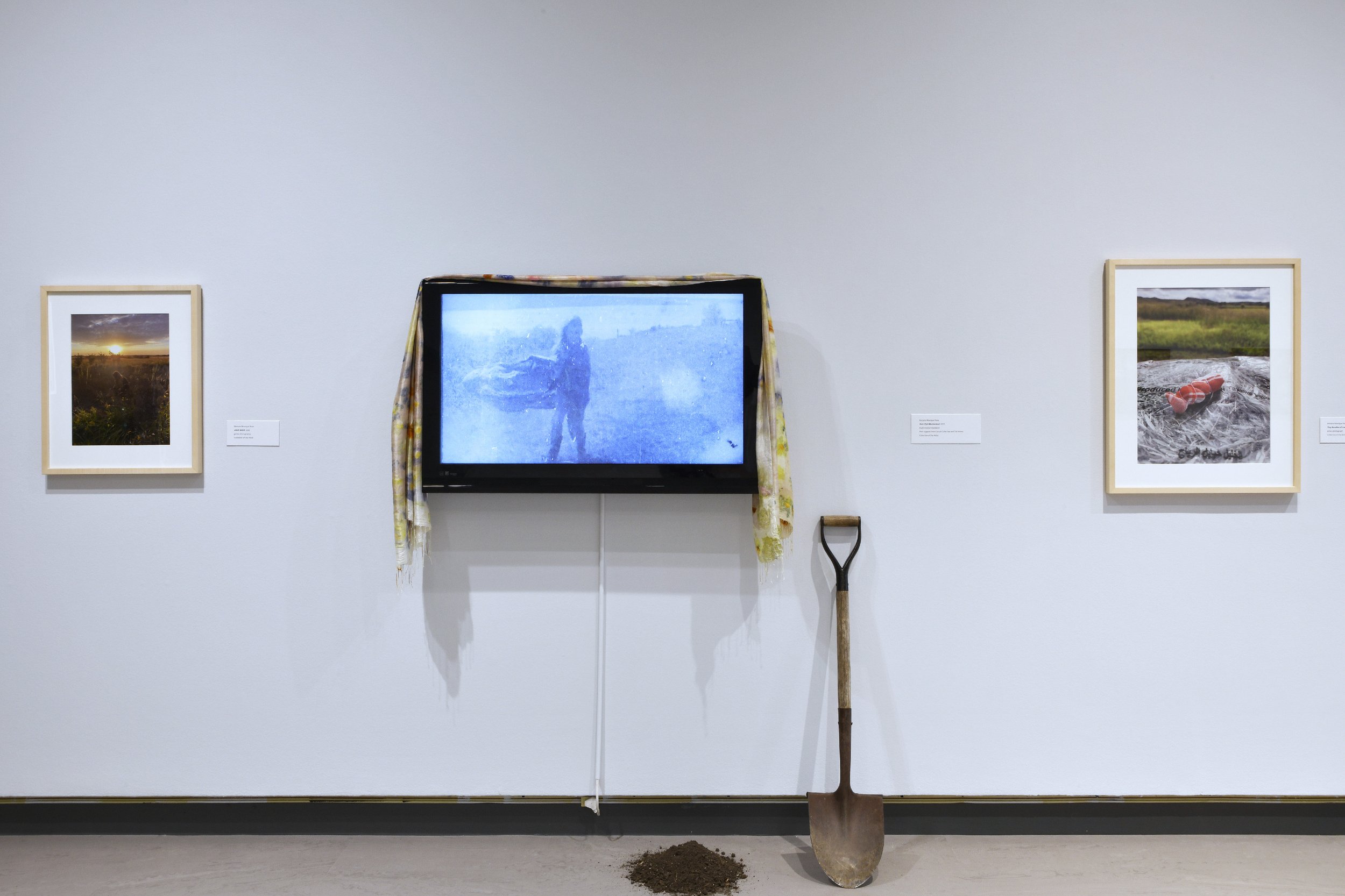  Melanie Monique Rose,  Ditch Witch , 2020, giclee photograph (left).  Melanie Monique Rose,  Nutr Piyii - Motherland , 2025, multi-media installation: eco-developed 16mm short film, eco-printed silk cloth, soil, shovel (film created with the support
