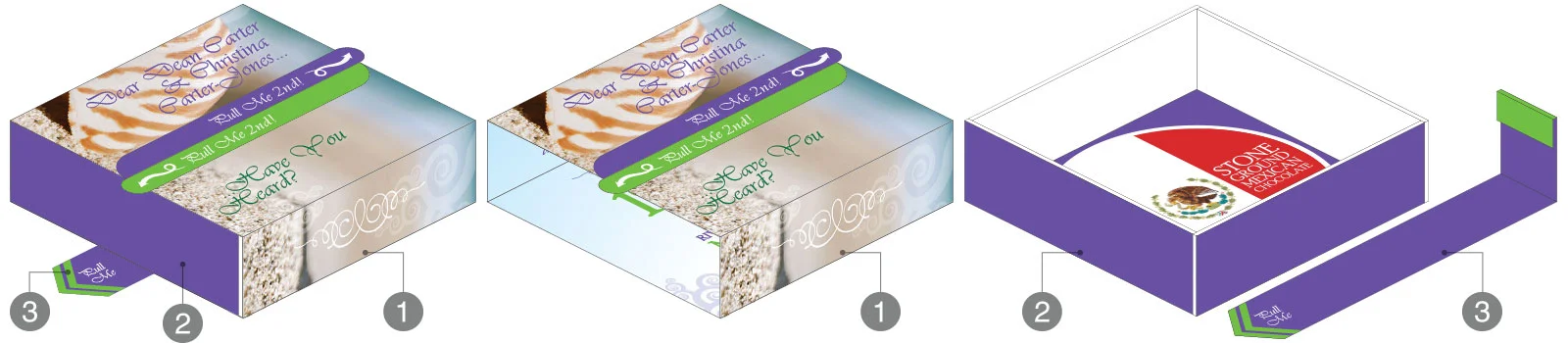 1 = Exterior Packaging (unfolds to become Save-the-Date card) 2 = Internal Box (holds Taza Mexican chocolate) 3 = Removable Pull Tab (helps separate exterior packaging from internal box)