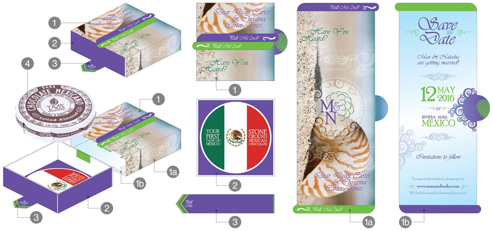 1 = Exterior Packaging (unfolds to become Save-the-Date card) 1a = Exterior Packaging / Save-the-Date Cards - Outside 1b = Exterior Packaging / Save-the-Date Cards - Inside 2 = Internal Box (holds Taza Mexican chocolate) 3 = Removable Pull