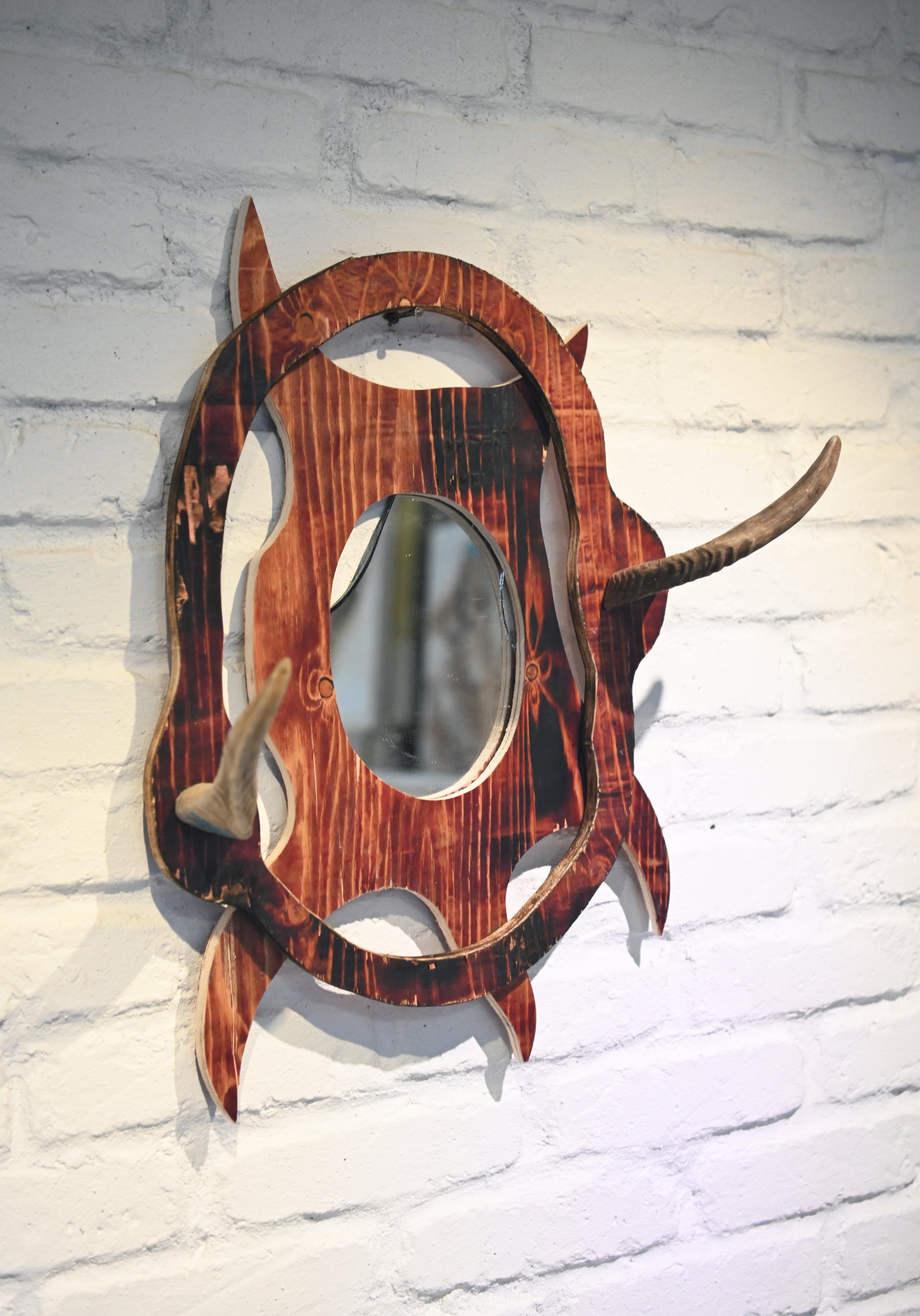 Objects In Mirror Closer Than They Appear -4, 65x50x20cm, plywood, mirror and goat horns, 2021.jpg.jpg