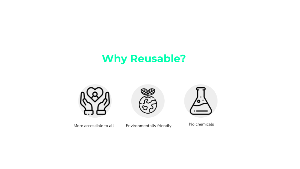 We chose to do reusable, because it is something people can continuously use, making it low cost, accessible, environmentally friendly, and contains no harsh chemicals.