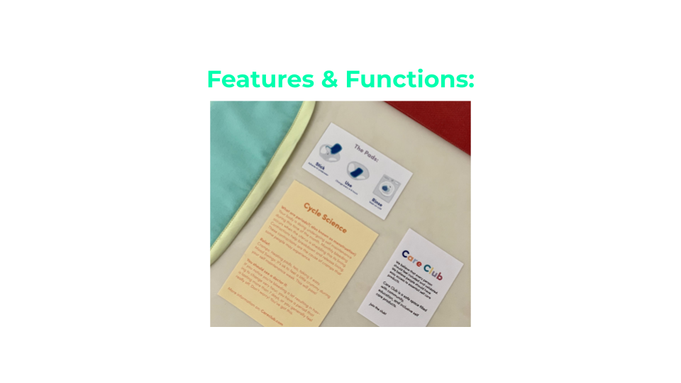 The information given is about how to use the pads, science on periods, where to find more info about menstruation and about our brand. We used words like cycle science, self care, and self maintenance week to help make it feel more inclusive, never…