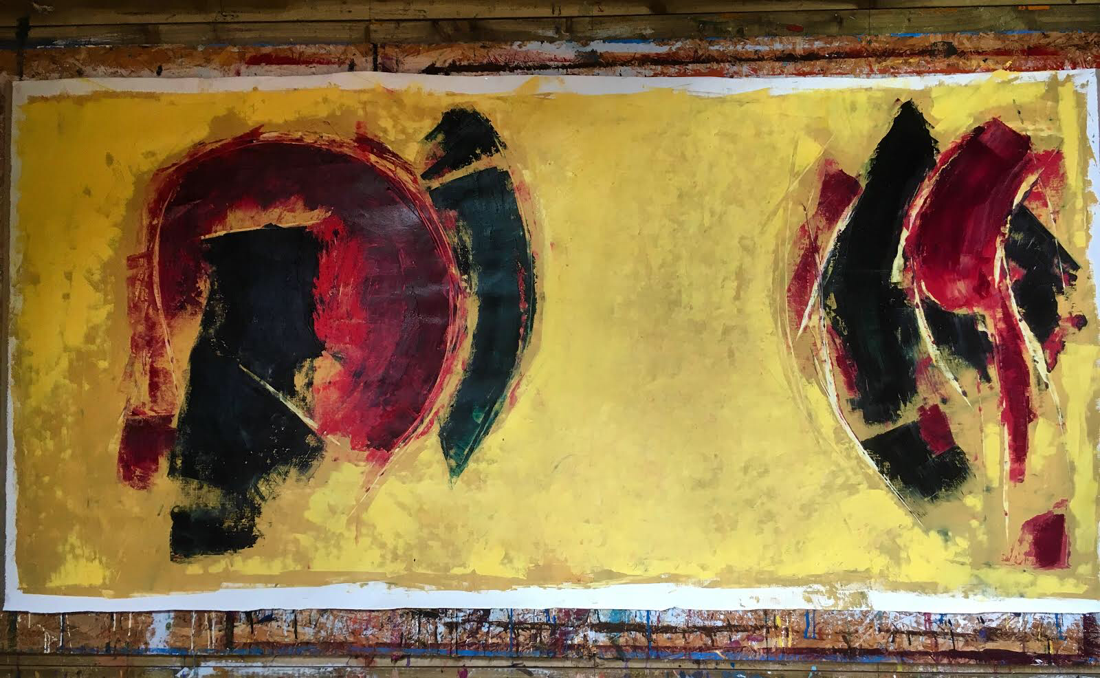 Face off, 100 x 250 cm approx. on unstretched linen, oil and cold wax.