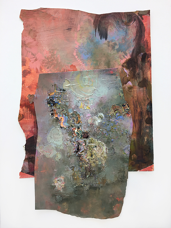 Love Duster. Acrylic, oil and wax on paper stitched together with cotton thread, 83 x 53 cm.
