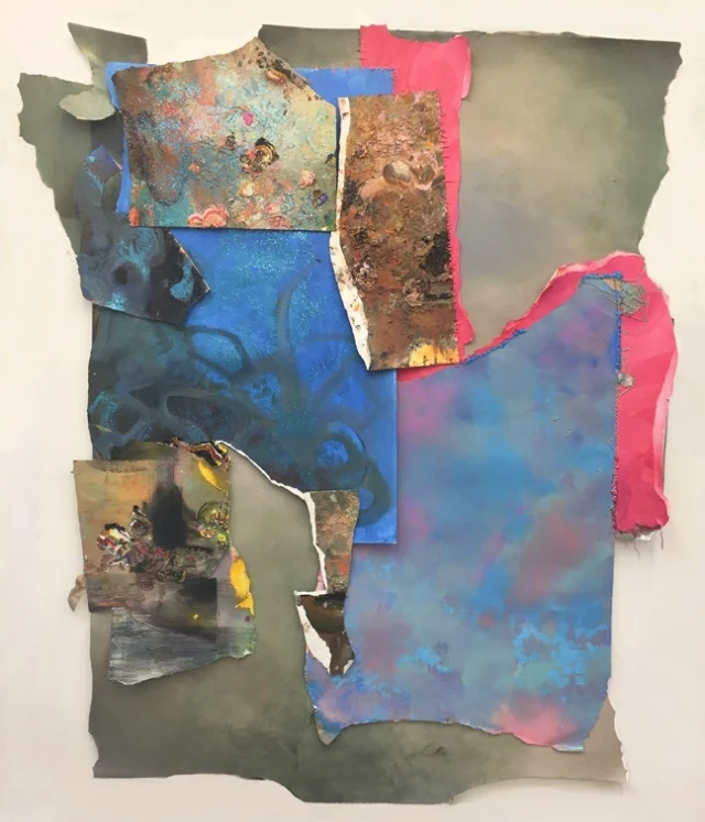 Pattern Fatigue IV. Paper, acrylic, oil, marble dust and wax with cotton thread stitching and masking tape, 164 x 140 cm. 2016.
