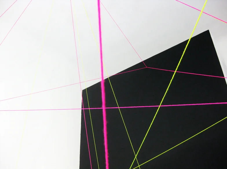 Floating, 2014 Berlin-Weekly, Berlin fluorescent yellow and pink wool, black paint and nails, various dimensions