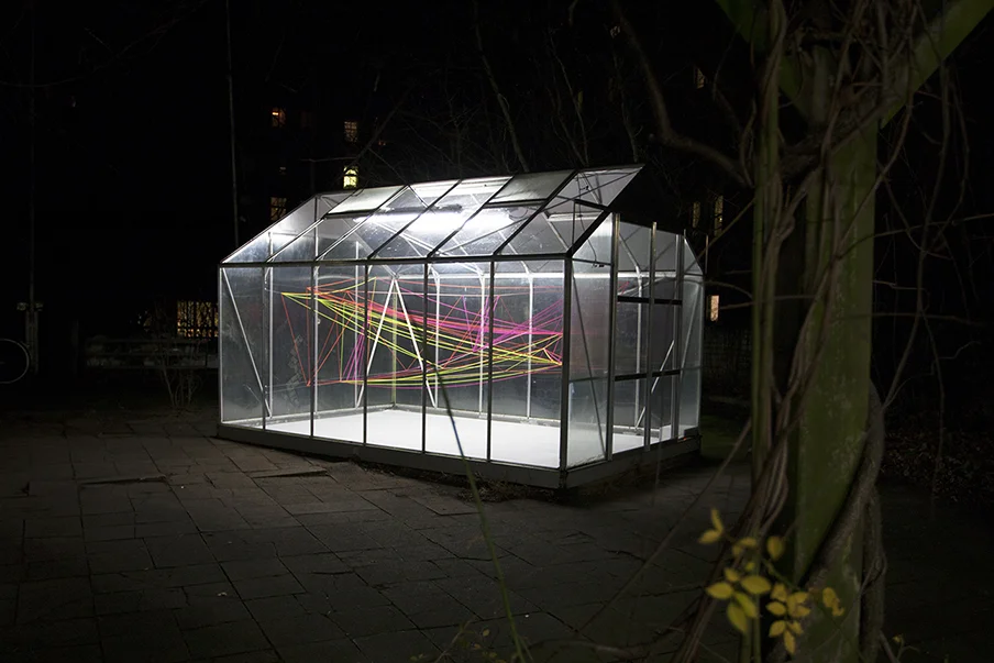 Day, Night, Light, 2013 super bien! Greenhouse for Contemporary Art, Berlin fluorescent orange, pink and yellow wool, translucent string, various dimensions