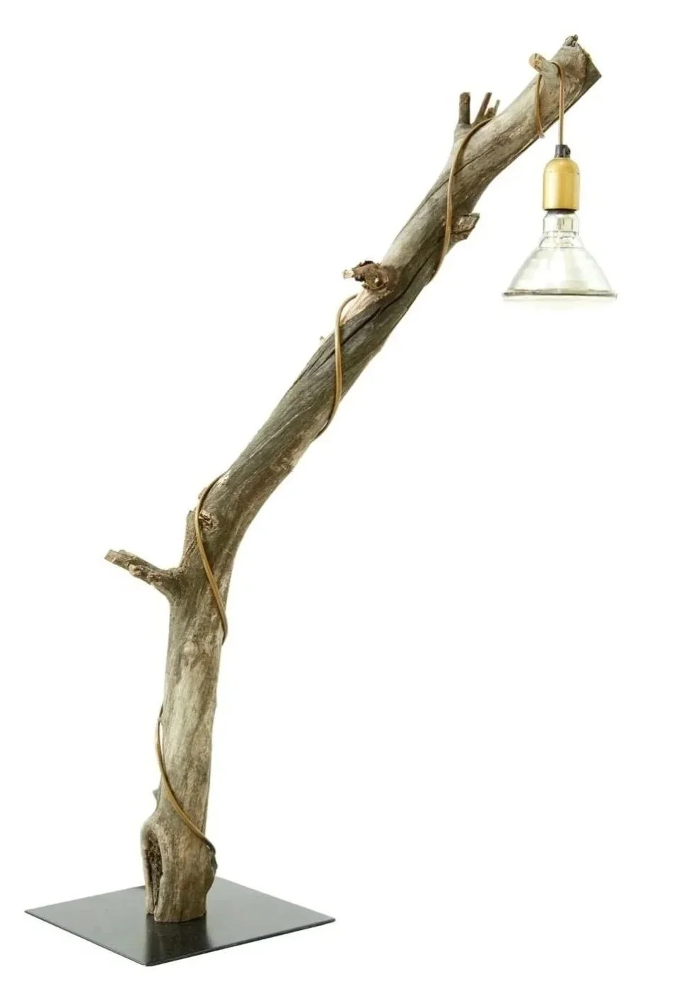 Driftwood and glass lamp created from repurposed materials by artist and designer Siru Tuomisto.
