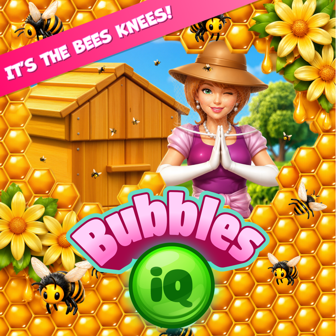 Bubbles IQ game artwork featuring Sophie in a colorful garden, creative direction by Studio Siru.