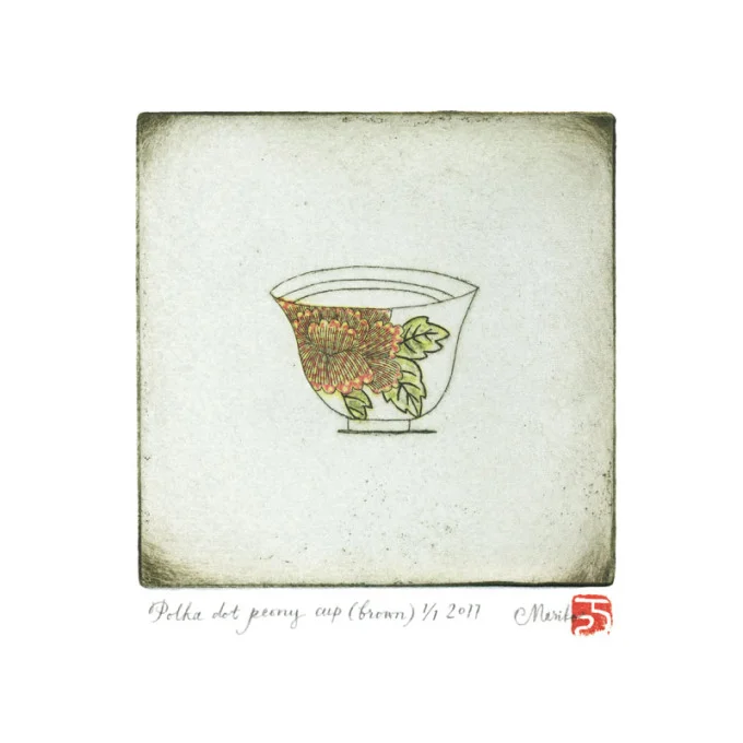 polka dot teacup (brown) – etching and hand-colouring