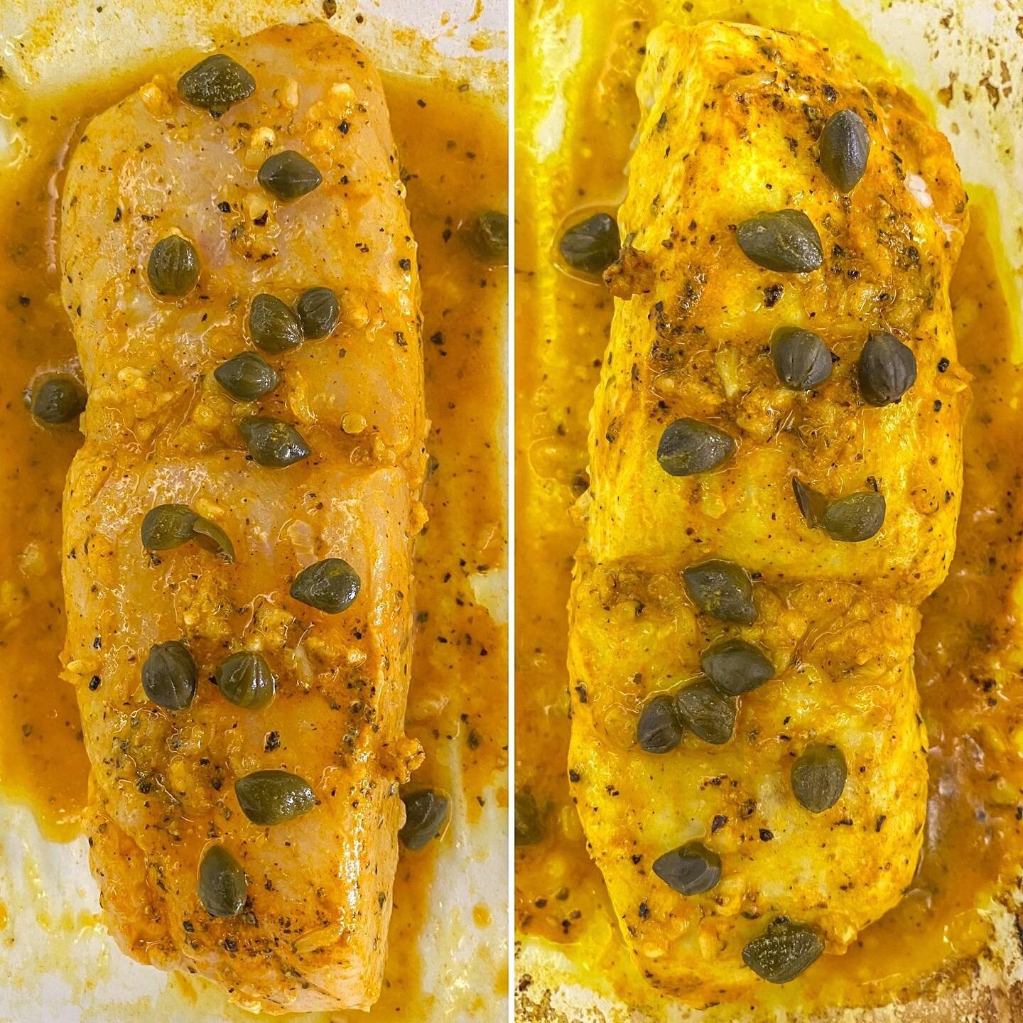 Turmeric-Lemon Halibut with Garlic and Capers.🍋 This is super easy, flavorful and nutritious. Perfect for any quick, weeknight dinner. Give it a try, recipe below.⁠⁠
⁠⁠
🐟Turmeric Halibut:⁠⁠
&frac12; pound or 1 pound of a halibut fillet⁠⁠
&frac12; t