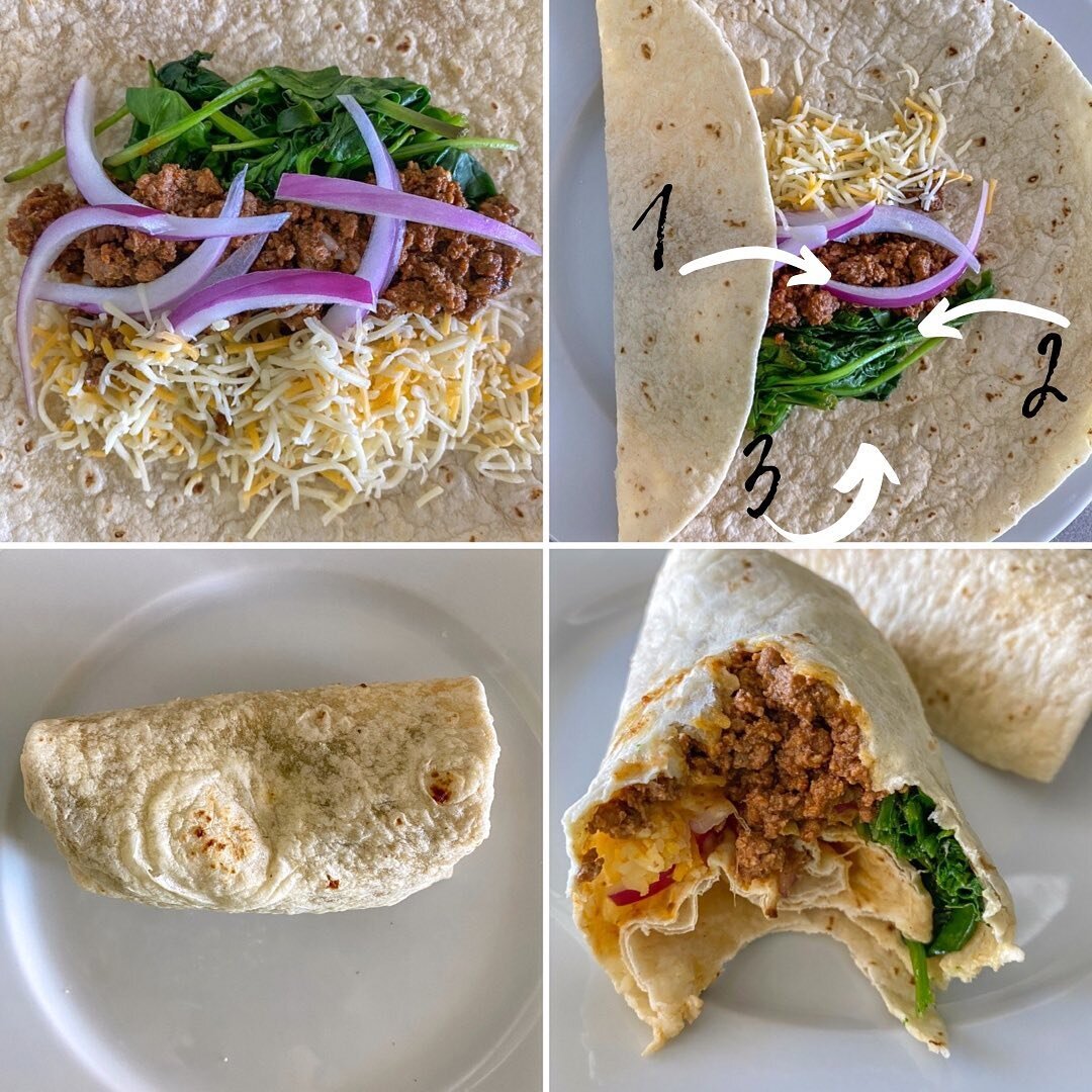 Make it a wrap!🌯This one is filled with seasoned ground bison, steamed spinach, red onions and cheese.👇🏼Here's a few good reasons why to mix a wrap into your meals:⁠⁠
- You can make a bunch at once⁠⁠
- They are easy to pack/store for the week⁠⁠
- 