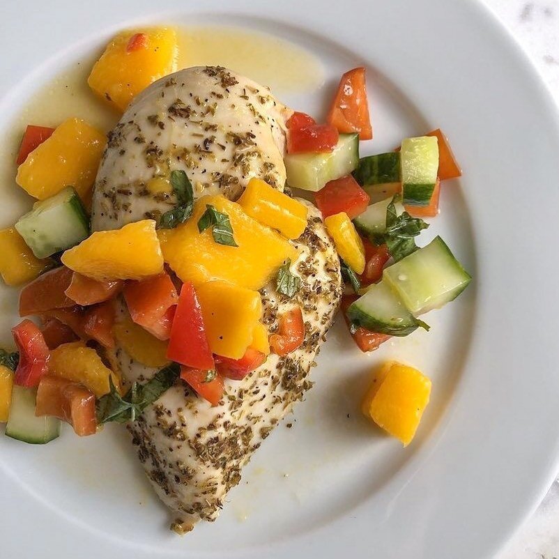 Salsa isn&rsquo;t only for chips! You can add nutritious flavor to a simple chicken or fish by topping it with freshly homemade salsa. I love a blend of veggies and fruit like this mango and cucumber combo. Fresh herbs and lemon juice pack a powerful