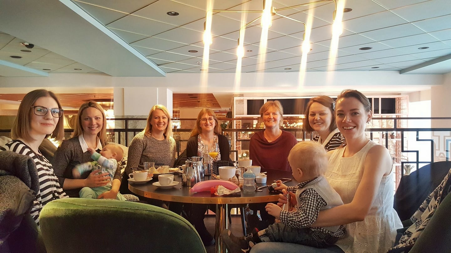 The first “work-along” at Gretas, Haymarket in Stockholm on Feb 15, 2018. From left: Gina Ericsson, Anne-Chris Hedlund, Bärbel Dressler, Yvonne Kündig Gustafsson, Anna Hedeklint, Åsa Kax, Kristina Hultkrantz.
