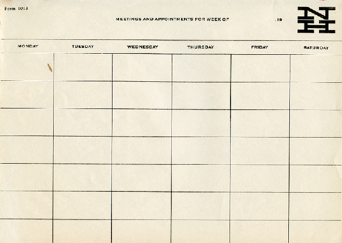This is an official business meeting and appointment calendar form that was used by New Haven Railroad managers after 1955. This item is from the collection of Marc Frattasio .