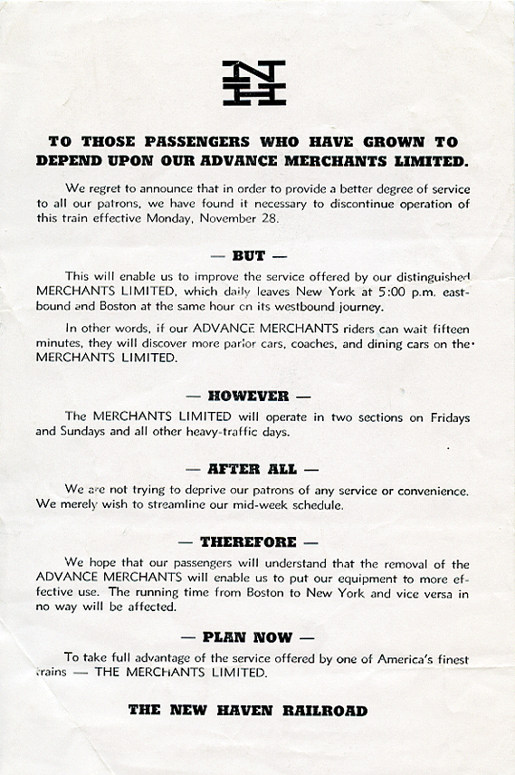 This flyer was distributed to passengers in early November 1955 to announce that the Advance Merchants Limited would be discontinued effective November 28th. This item is from the collection of Marc Frattasio .