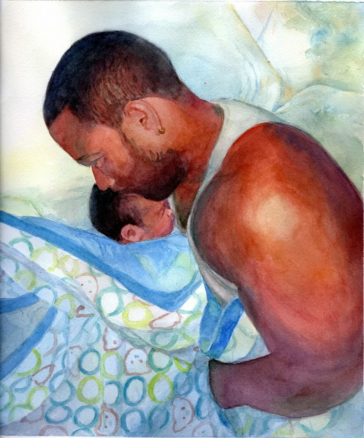   26. Peggy Dressel    Dad and newborn son   Watercolor, 12 x 10  $500 