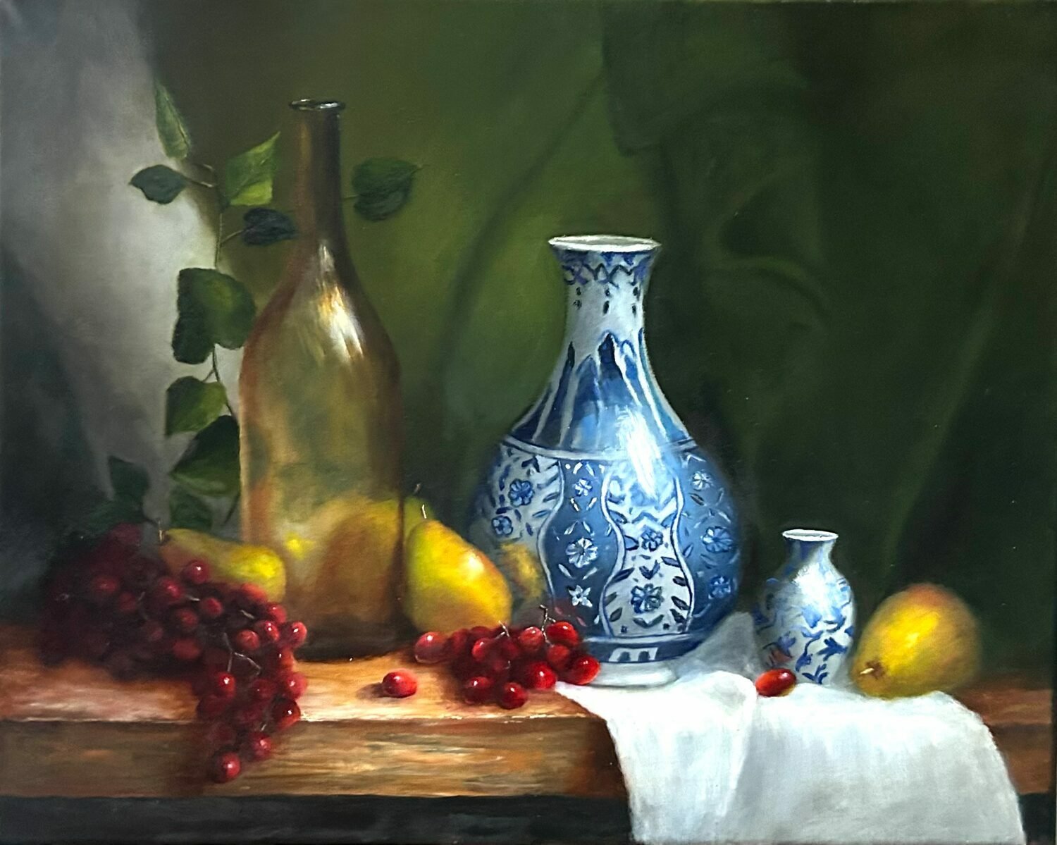   34. Katherine Hedden    Still Life with Porcelain Vessels and Fruit   Oil, 16 x 20  $900 