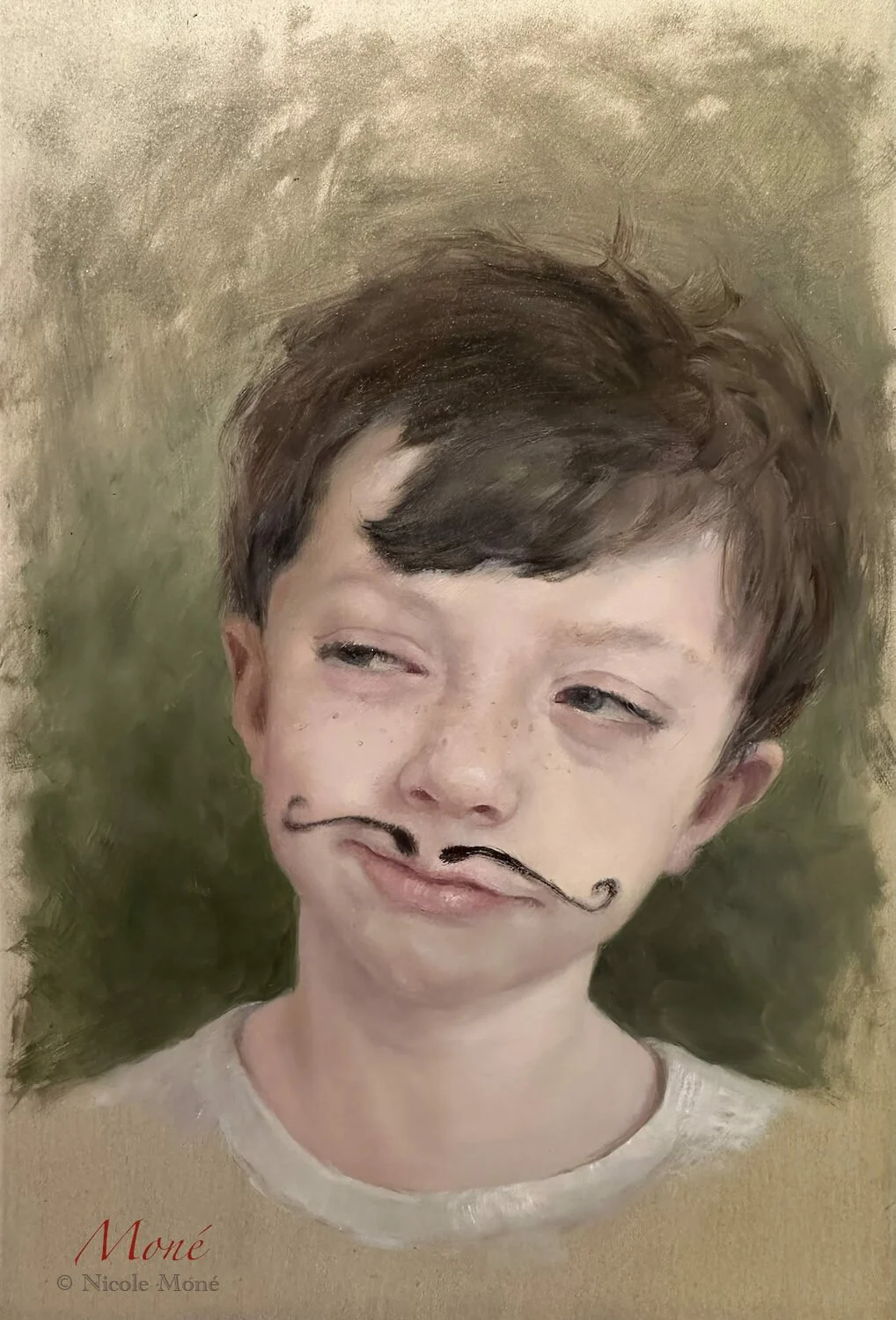   64. Nicole Moné    Keep 'em Guessing (Portrait of Liam Innis)   Oil, 9 x 6  NFS 