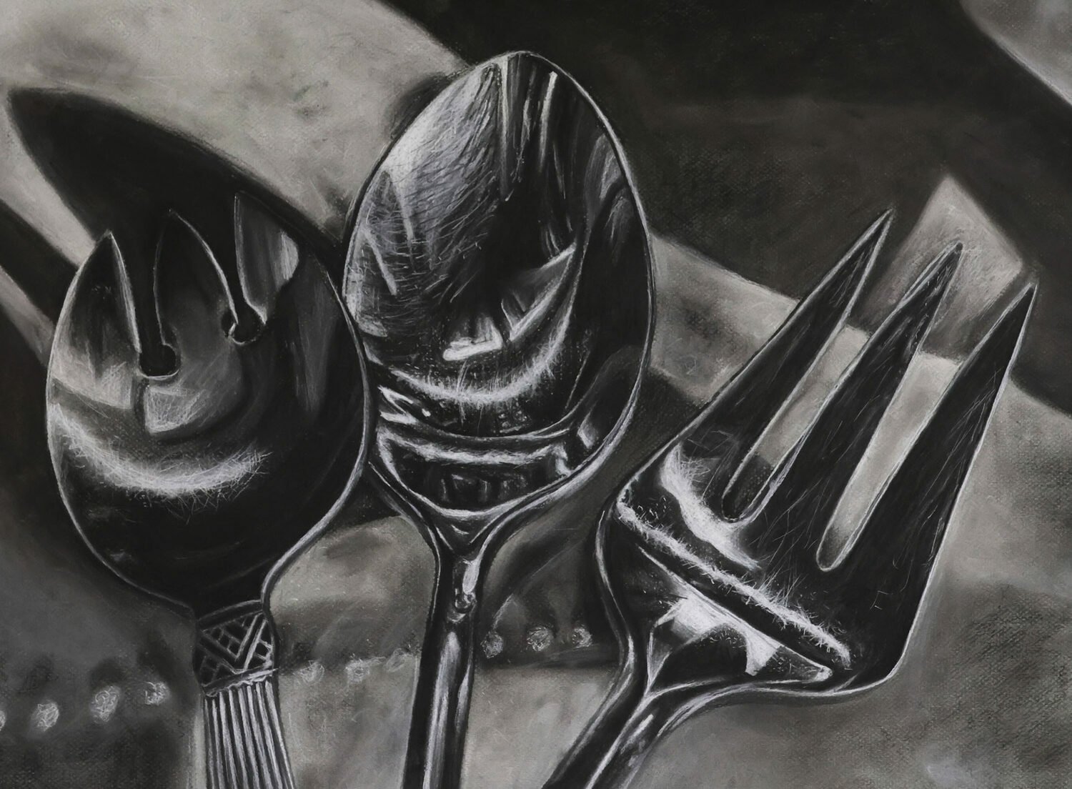   66. Darin Nonas    Utensils   Charcoal, 18 x 24  $300 