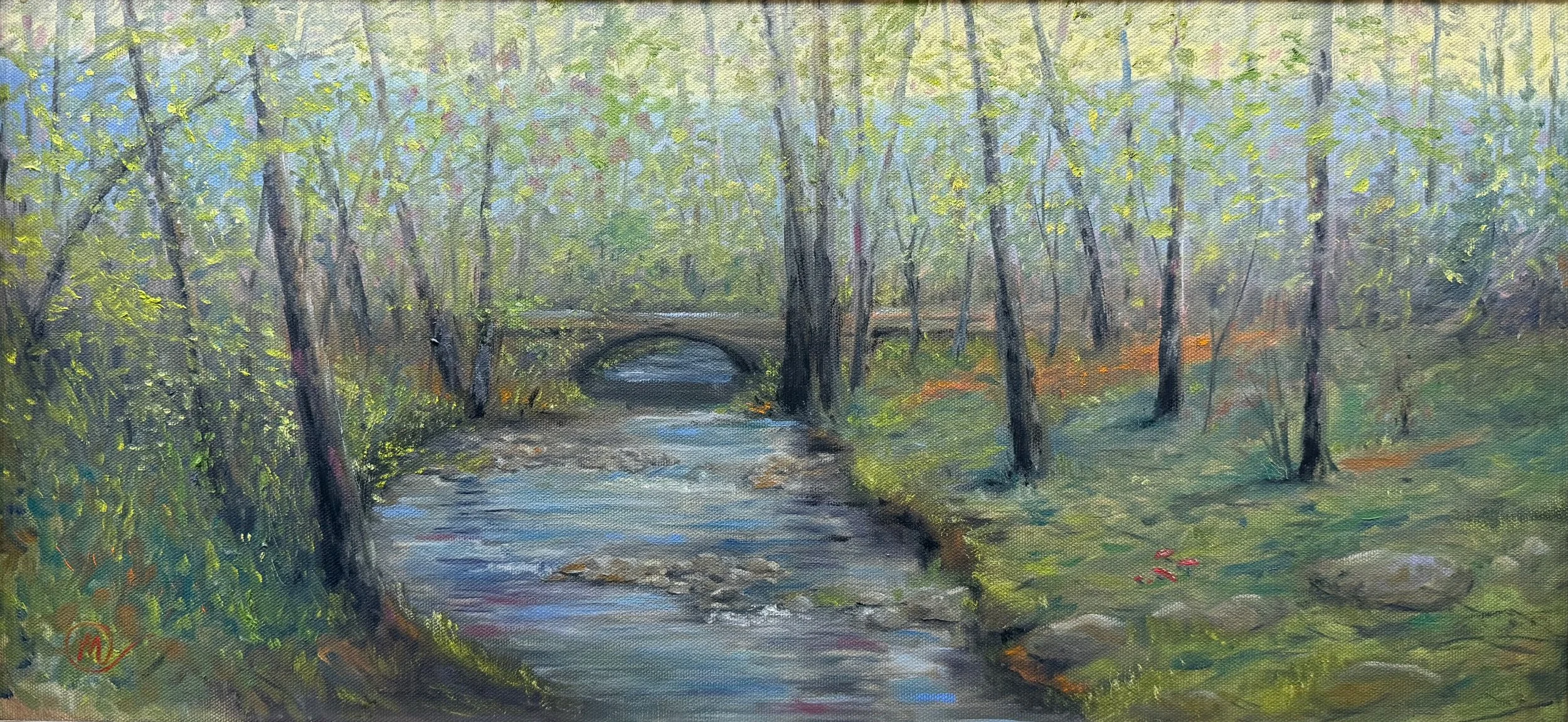   74. Mary Mancuso-Englander    Soft Stream Under Bridge   Oil, 26x15 