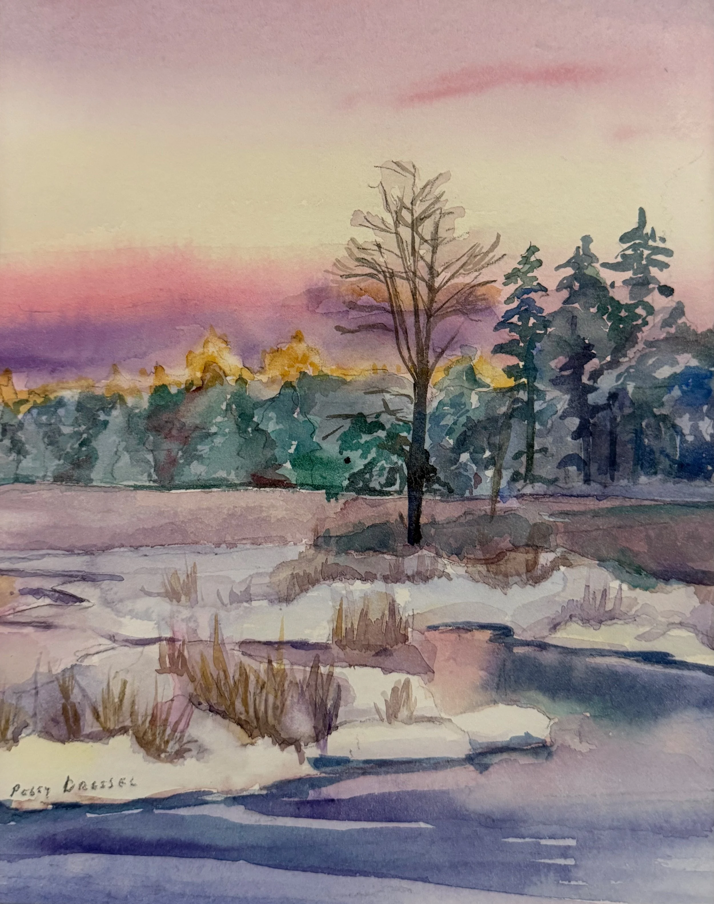   71. Peggy Dressel    Winter Pond at Sunset   Watercolor, 8x11 