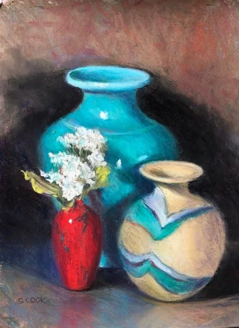   15. Stephanie Cook    Teal Vase with Red   Pastel, 12x9 