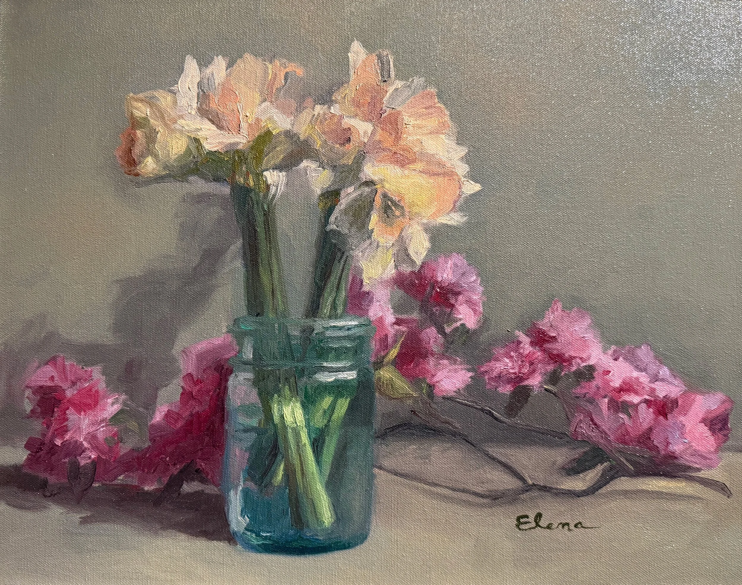   39. Elena Taylor    Pale Peach Daffodils in Mason Jar   Oil, 16x20 