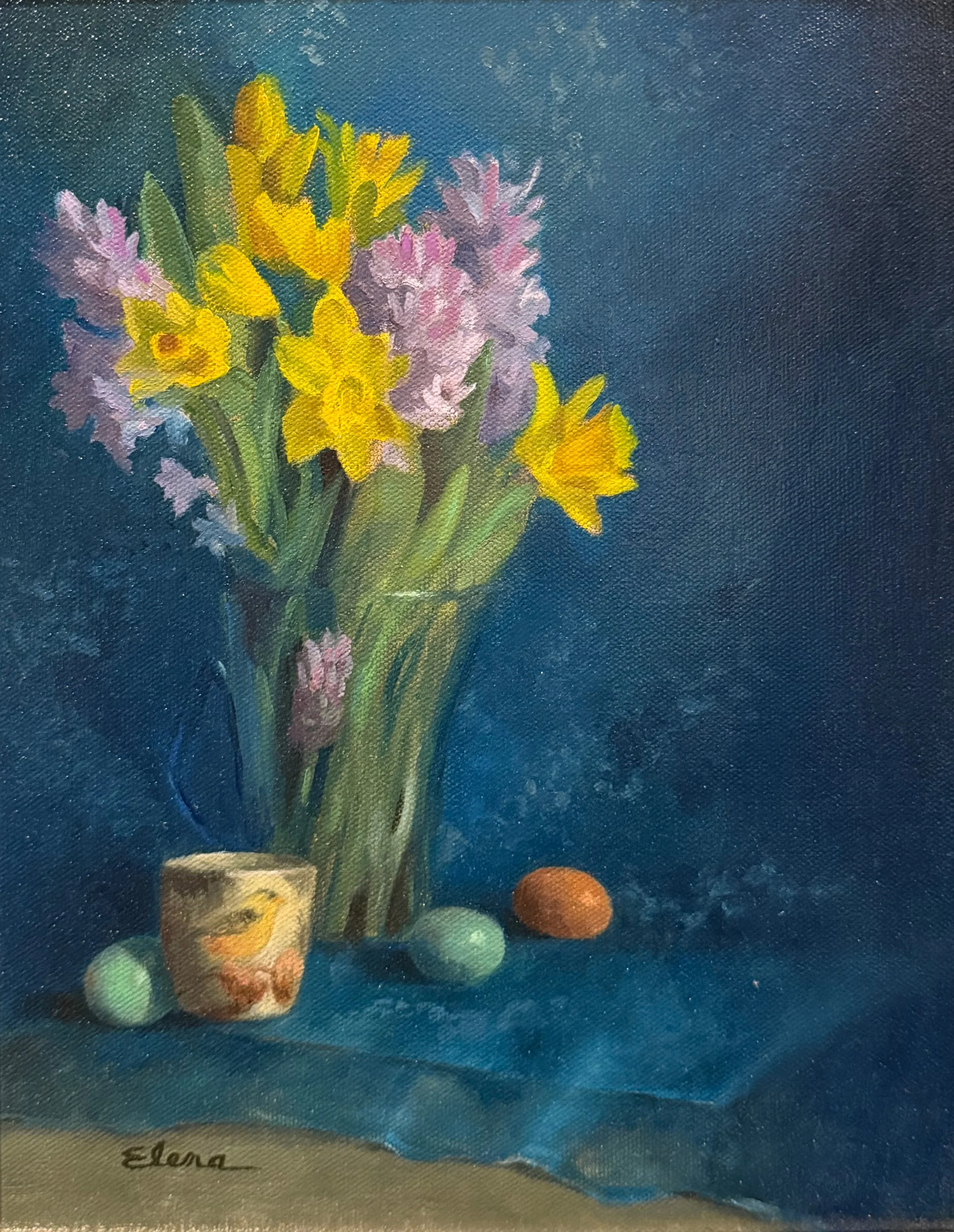   44. Elena Taylor    Hyacinths &amp; Daffidils Against Teal Chiffon   Oil, 16x20 