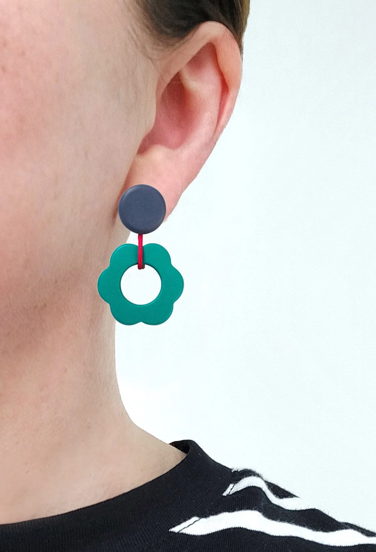 DotFlowerEarringsPurplePinkGreenWorn.jpg