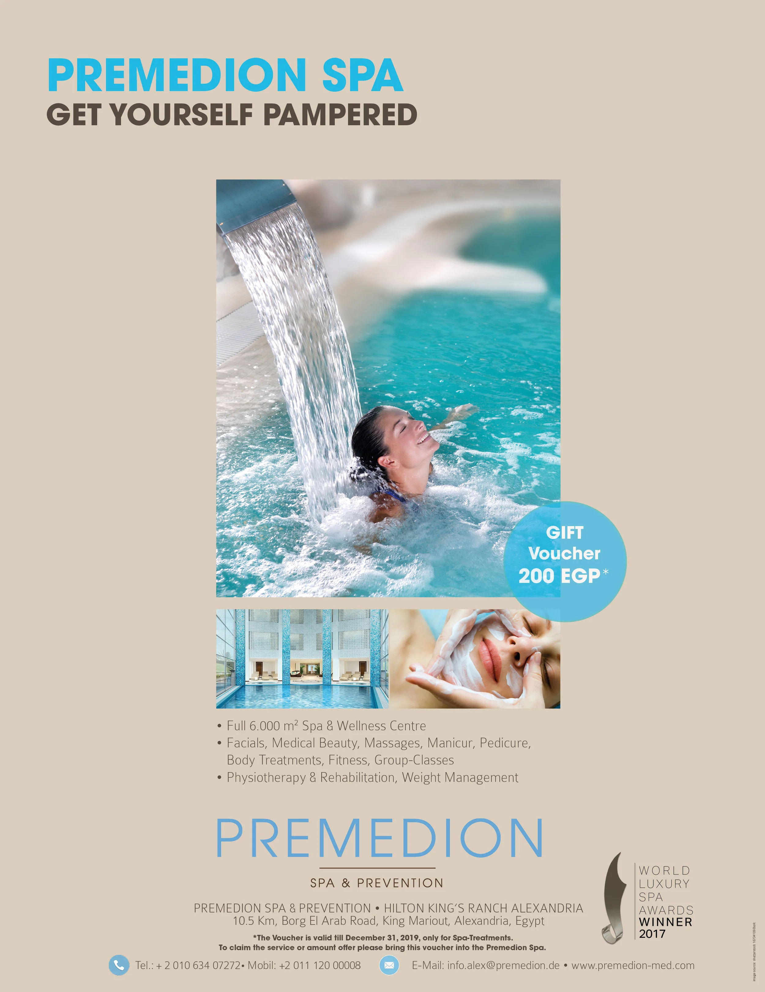 Enjoy your 200EGP gift voucher at Premedion Spa Hilton King’s Ranch Alexandria | Mobile: (+2) 0111 2000008 | www.premedion-med.de