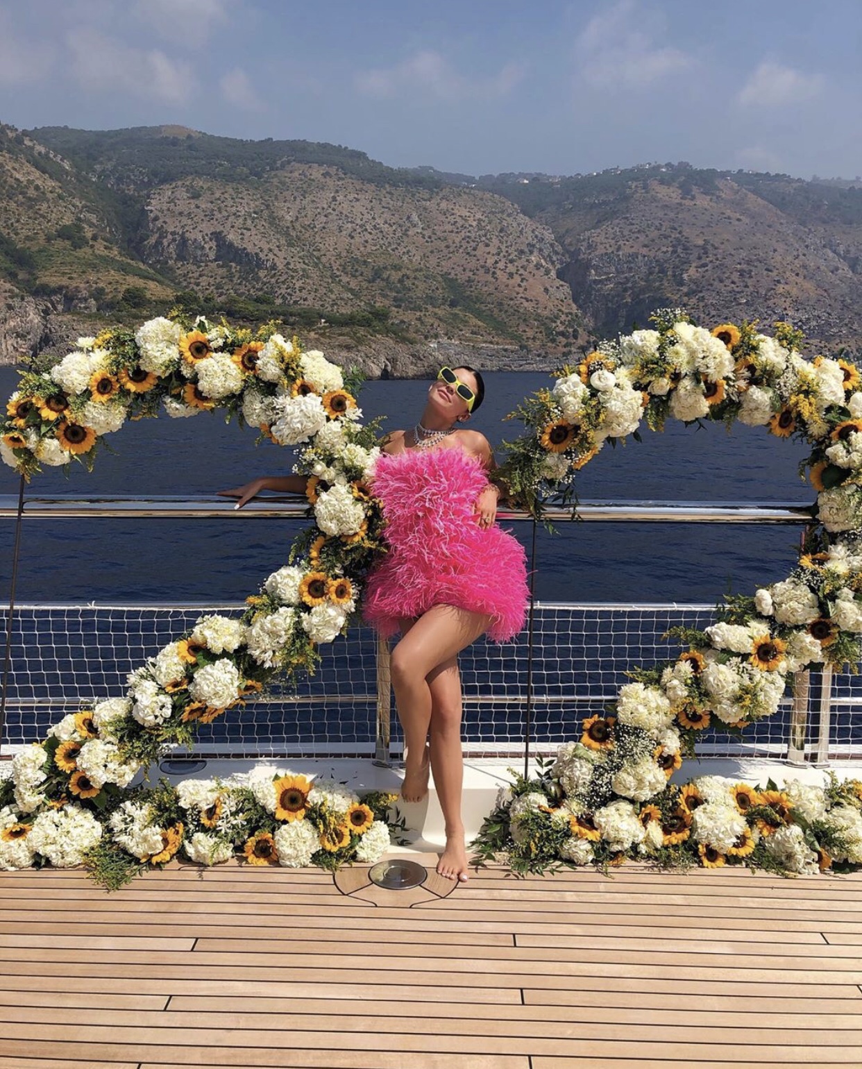 Kylie Jenner Versace Outfit and Gold Bottega Veneta Sandals