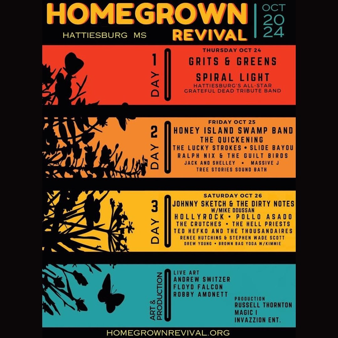 VERY EXCITED to have the opportunity to close out night one of @homegrownrevivalms with this incredible lineup!! Don&rsquo;t miss this great festival this October! Tix available at the link in our bio 👀
.
#eatyourgreens #haveabowl