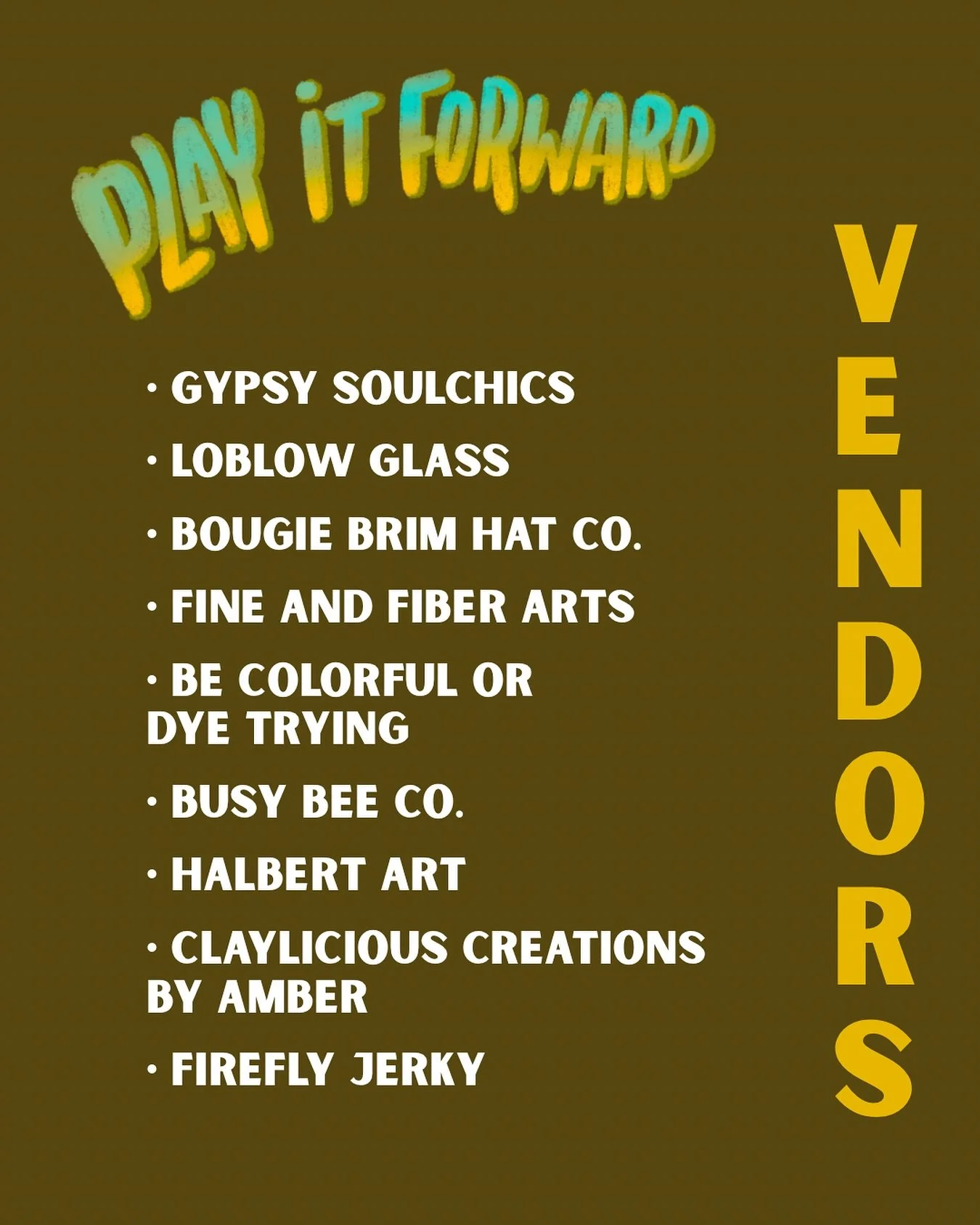 So stoked to have these incredible makers selling their art and handmade goodies! Come early and check out their booths at Play it Forward TOMORROW (Nov. 16th)! 
.
Play it Forward is an all day music festival (12PM-9:15PM) at @kegandbarrel featuring 