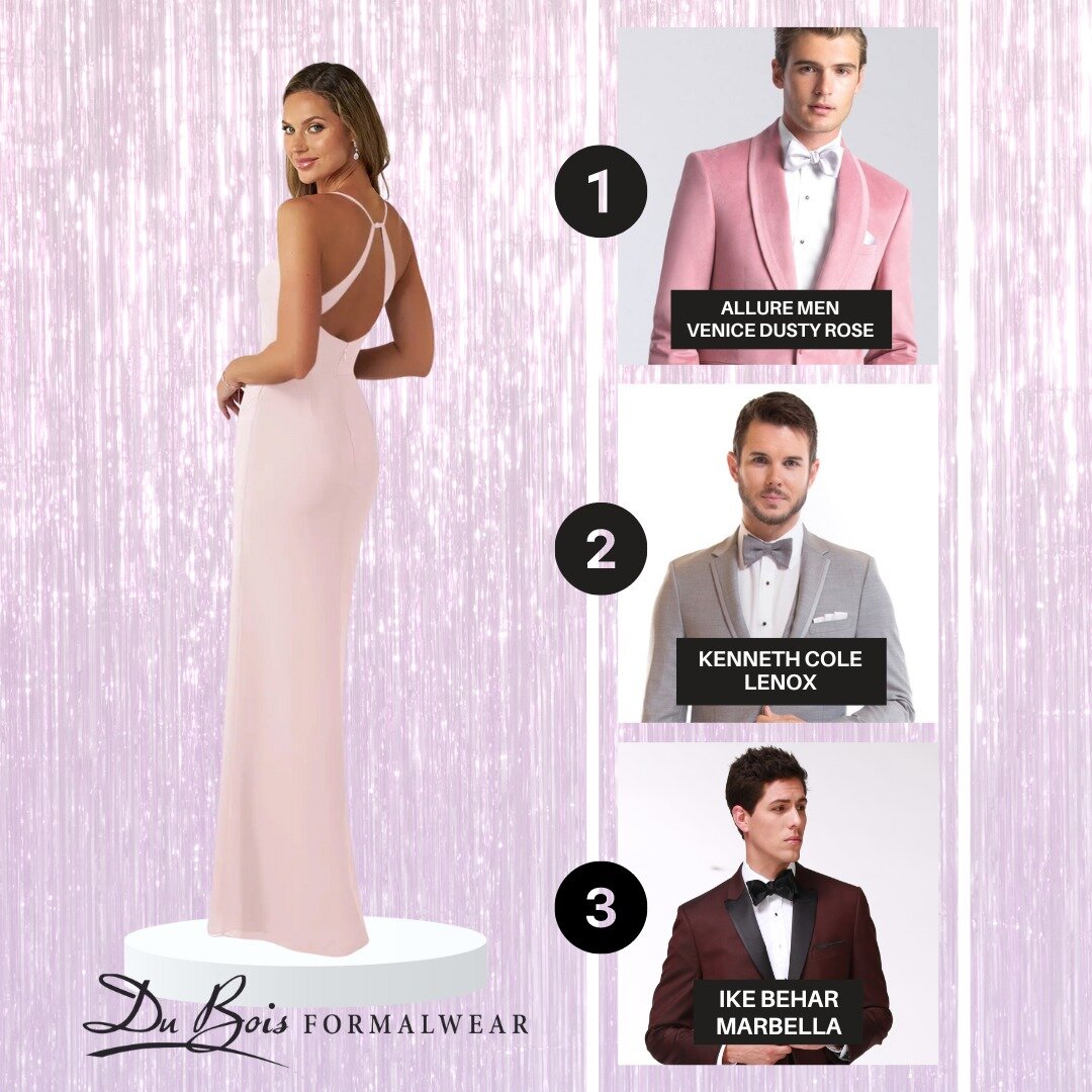 💖Prom season is here and it's time to shine! This week we're featuring pink!💖

Check out this stunning dress paired with three different options to match you and your date's style. Whether you're into the classic charm of velvet pink with our Allur