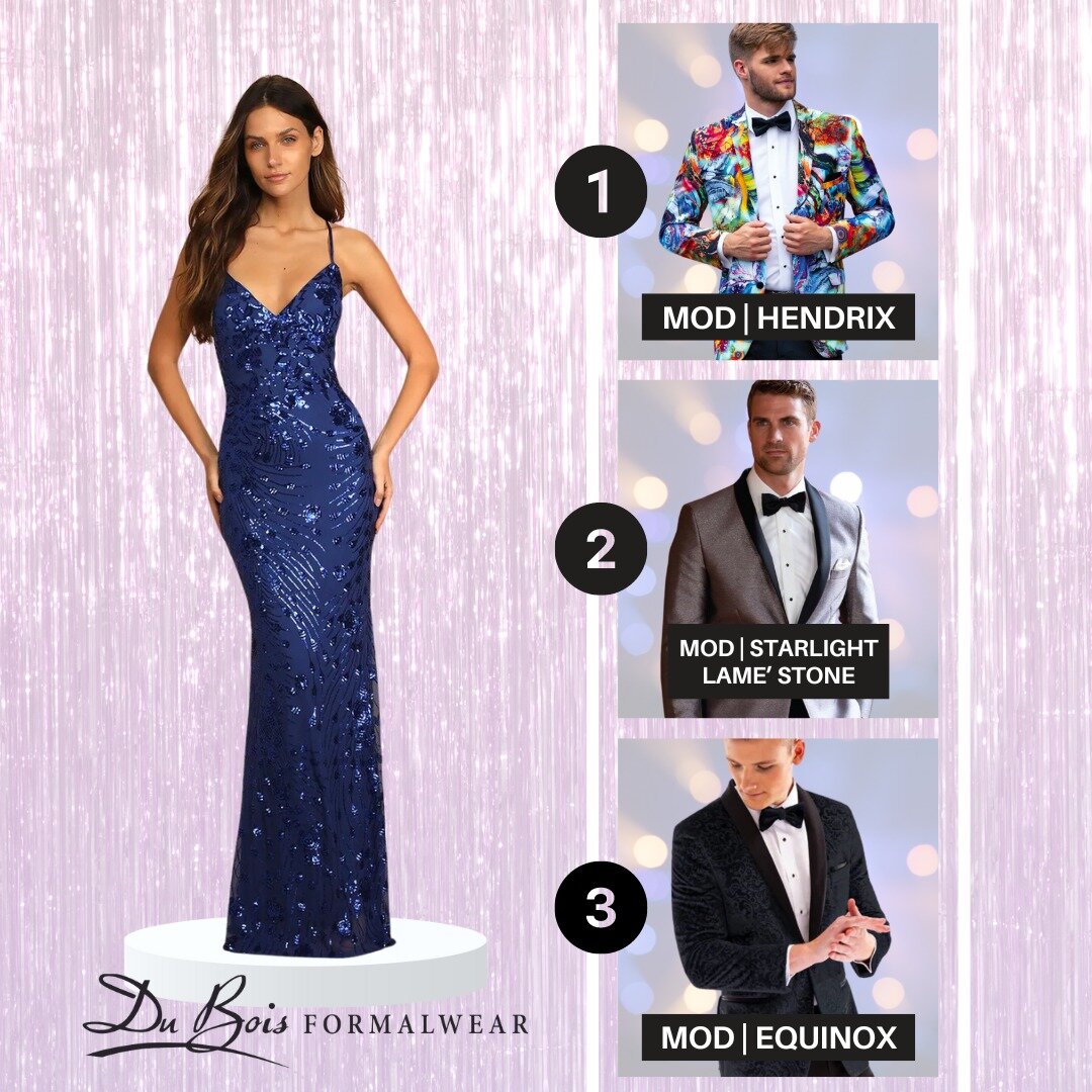 Looking for the perfect tuxedo for prom to complement a stunning dark blue dress? Check out three standout options we have in our lineup! 

1️⃣ MOD Hendrix: A true showstopper! This multi-colored suit brings a burst of personality to any event. Its v