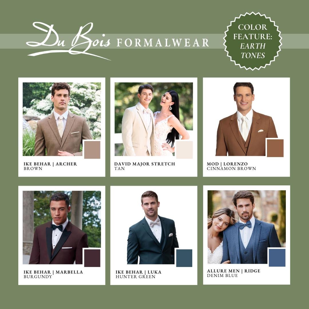 ☀️Are you planning an outdoor wedding this summer?🌳

Embrace the natural beauty of earth-toned suits and tuxedos! Discover the richness of deep browns, the sophistication of burgundy, the allure of hunter green, and the confidence of denim blue. Vis