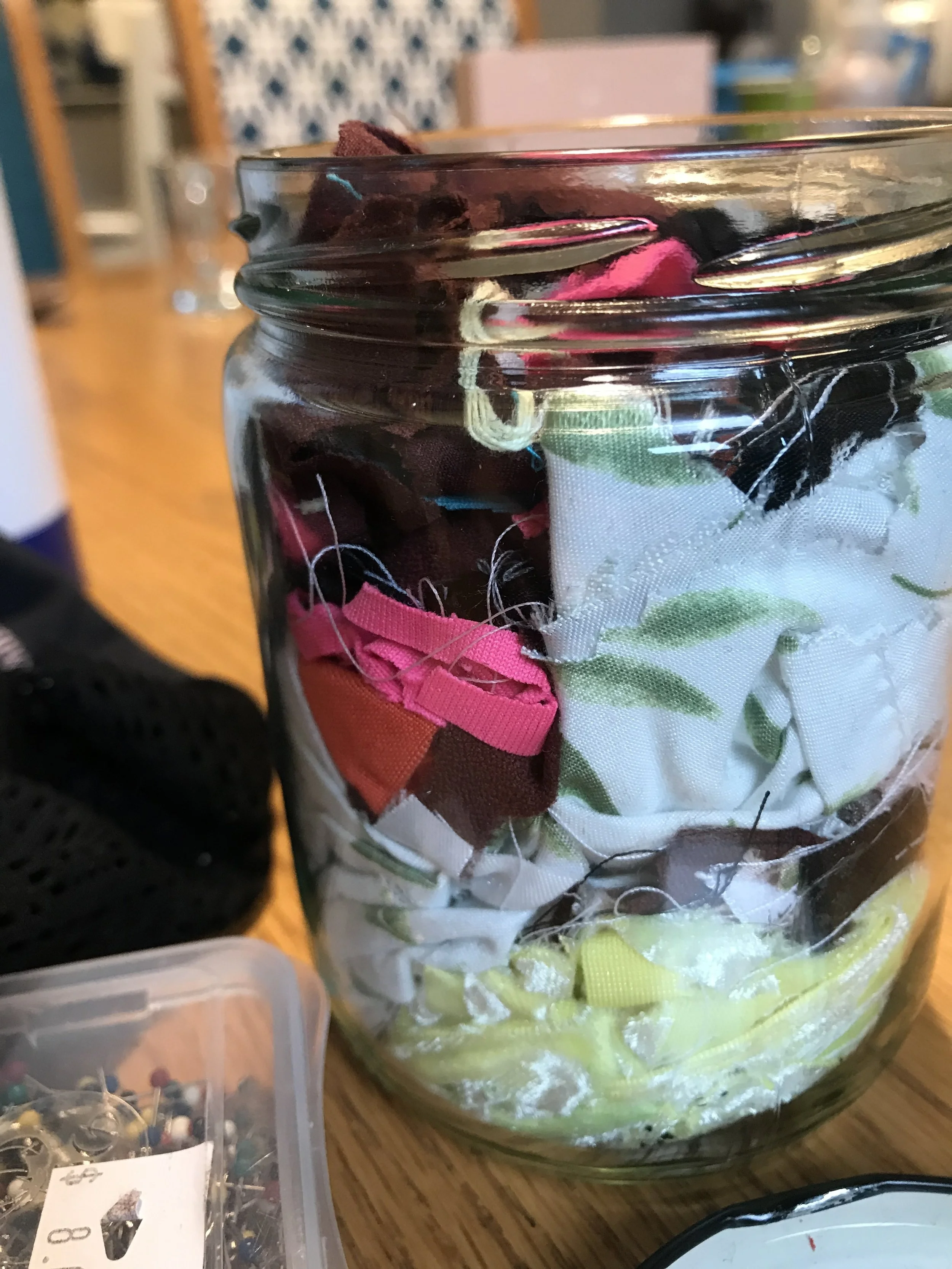 One of a few jars of scraps waiting to be stuffed into a Closet Case Pattens’ floor pouf.