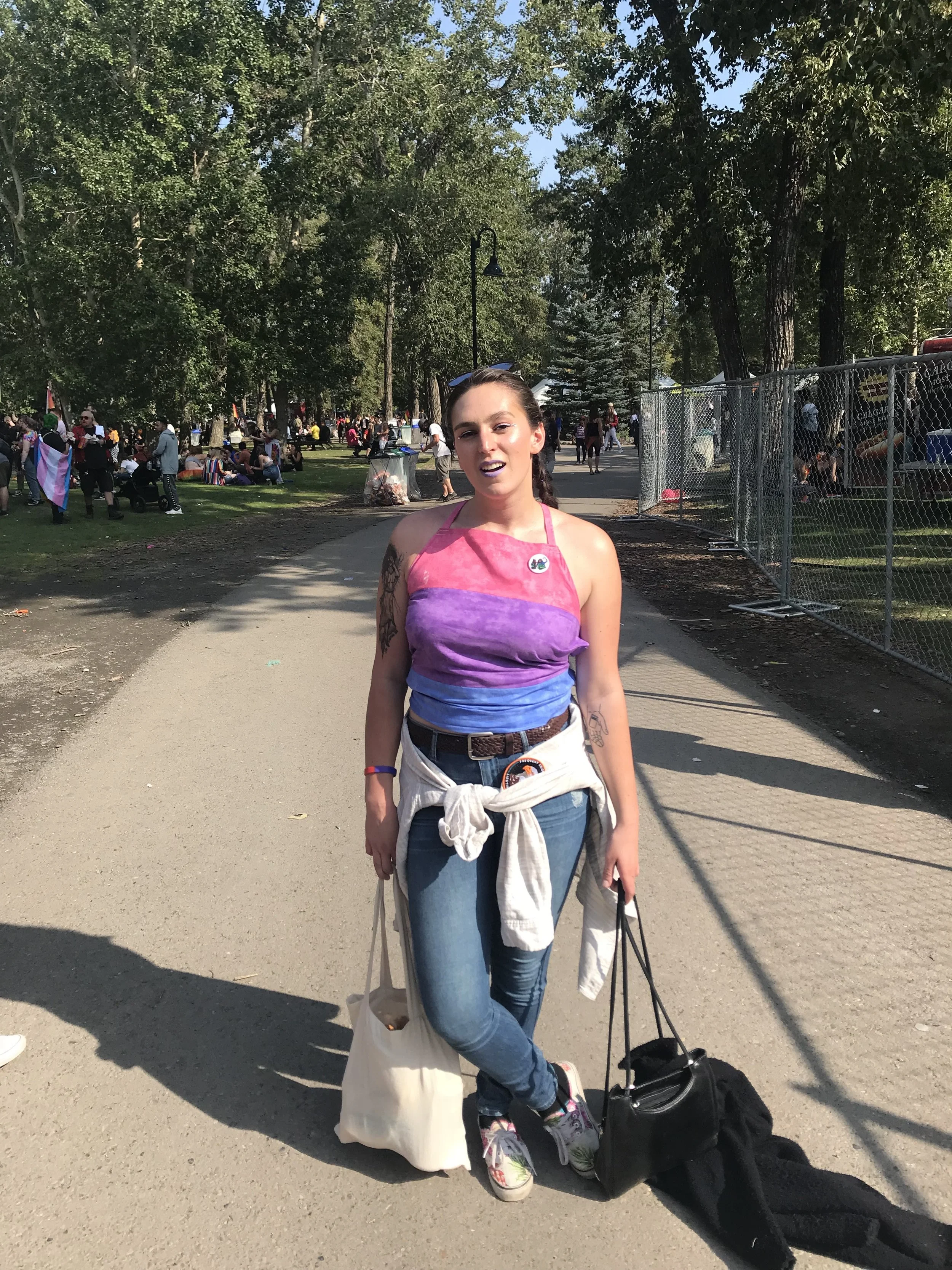 Calgary Pride 2018 wearing a self sewn and drafted Bisexual pride halter top.