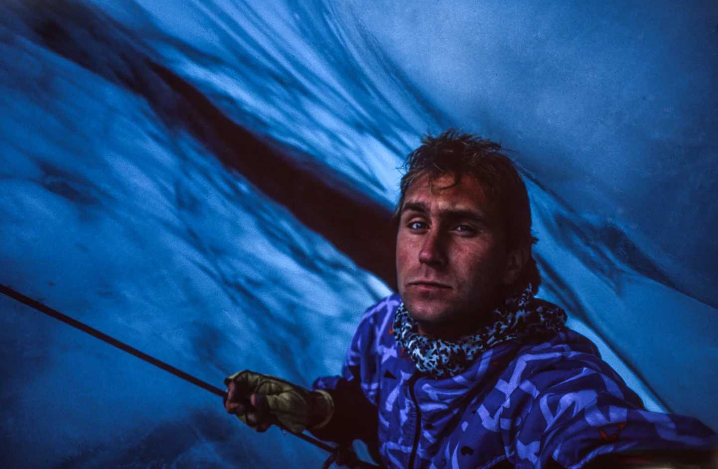 Inside a glacier crevasse in Switzerland to get a unique upwards angle creating a campaign for BIANCI mountain bikes.